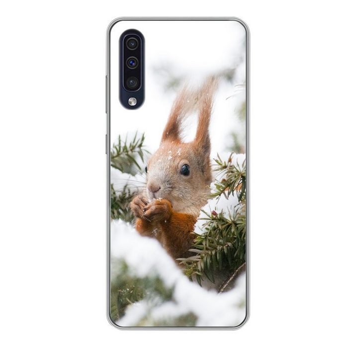 MuchoWow Handyhülle Eichhörnchen - Kiefer - Schnee Handyhülle Samsung Galaxy A50 Smartphone-Bumper Print Handy