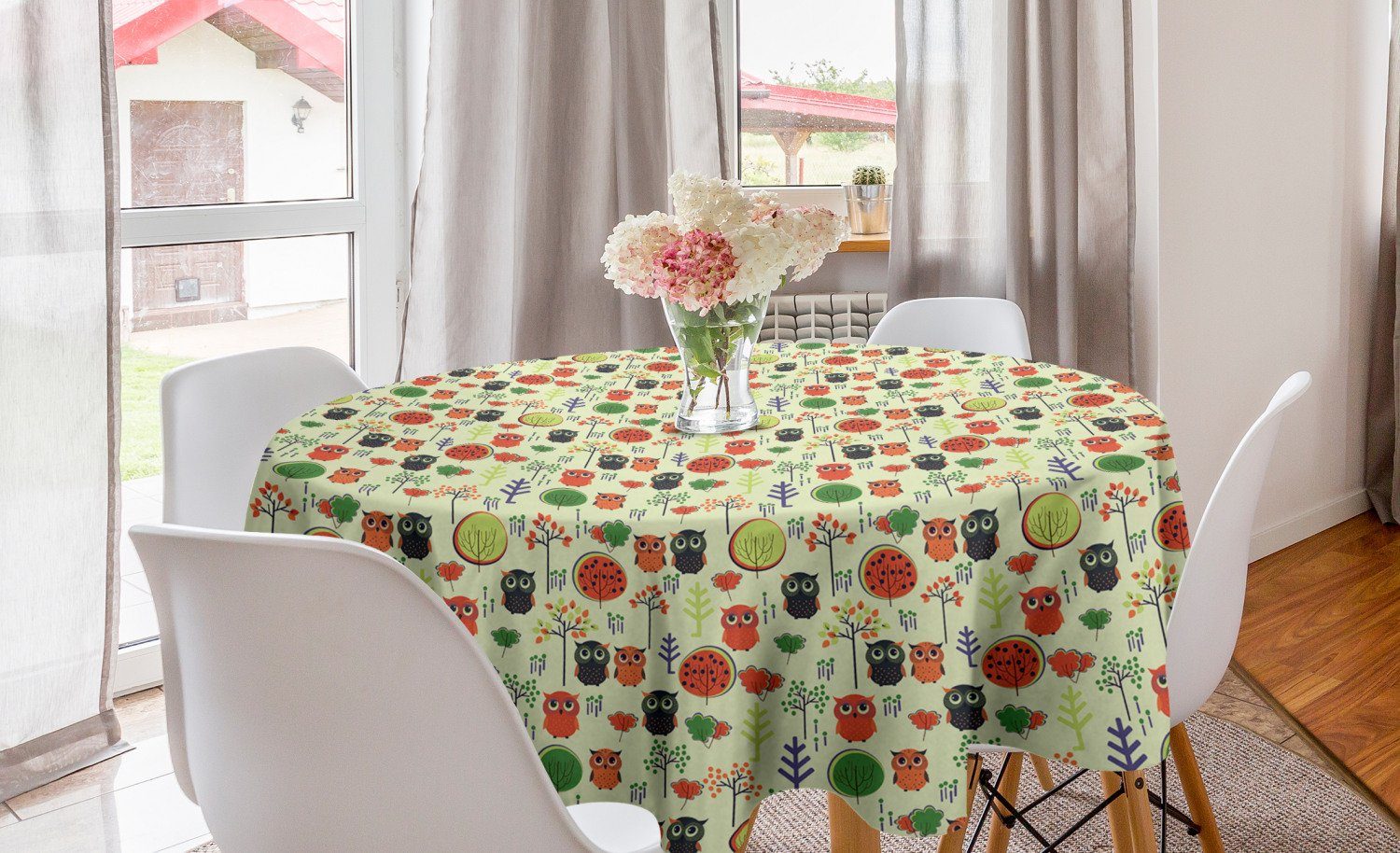 Abakuhaus Tischdecke Pflanzen Esszimmer Bäume Tischdecke und Abdeckung Kreis Dekoration, Eulen Vögel Küche für
