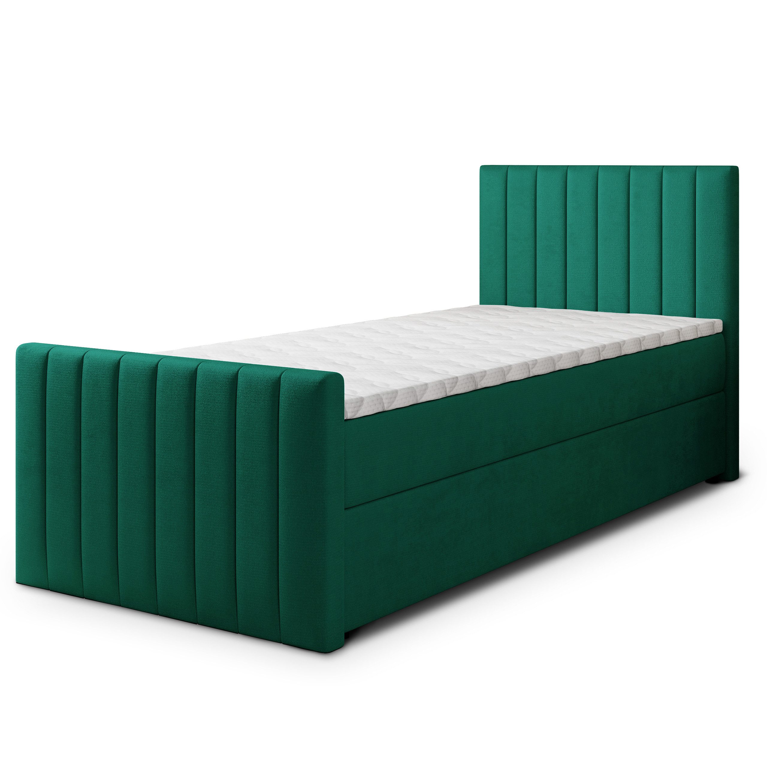 Masseno Boxbett ARION 100x200 cm mit Bonell Matratze und Topper, Einzelbett, Jugendbett, Polsterbett mit Kopfteil, Boxspringbett