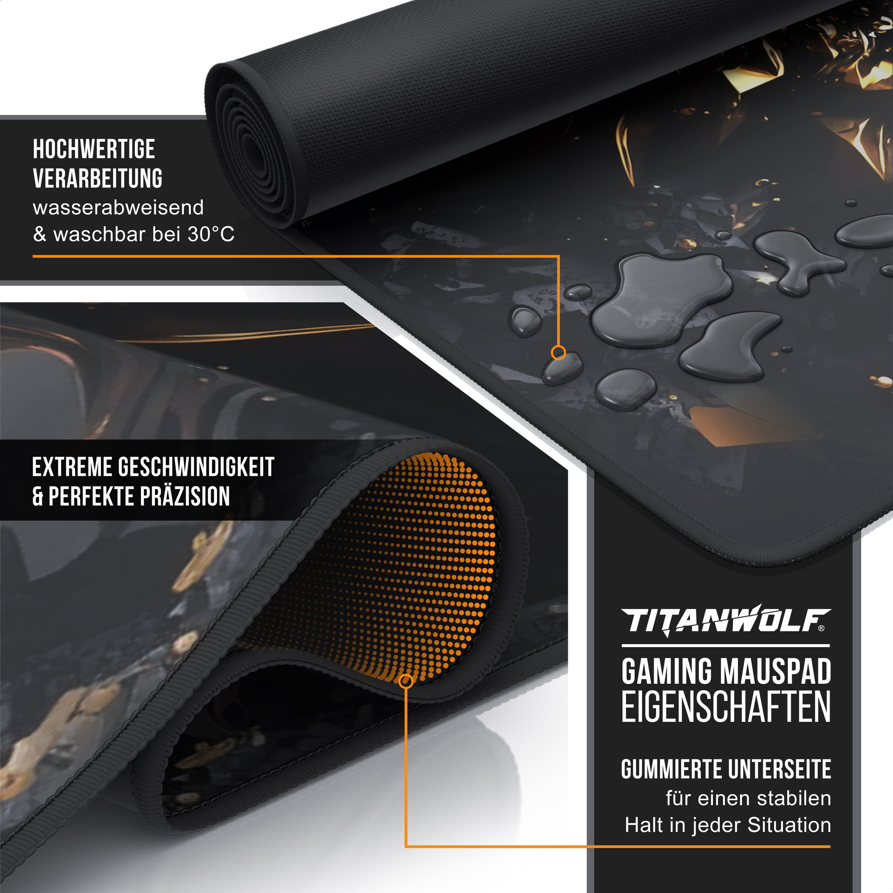 Titanwolf Gaming Mauspad XXL Speed Mousepad 900 x 400 x 3 mm, Schreibtischauflage, abwaschbar (1-St), rutschfeste Rückseite, Geschwindigkeit & Präzision, Gold L – Bild 3 von 5