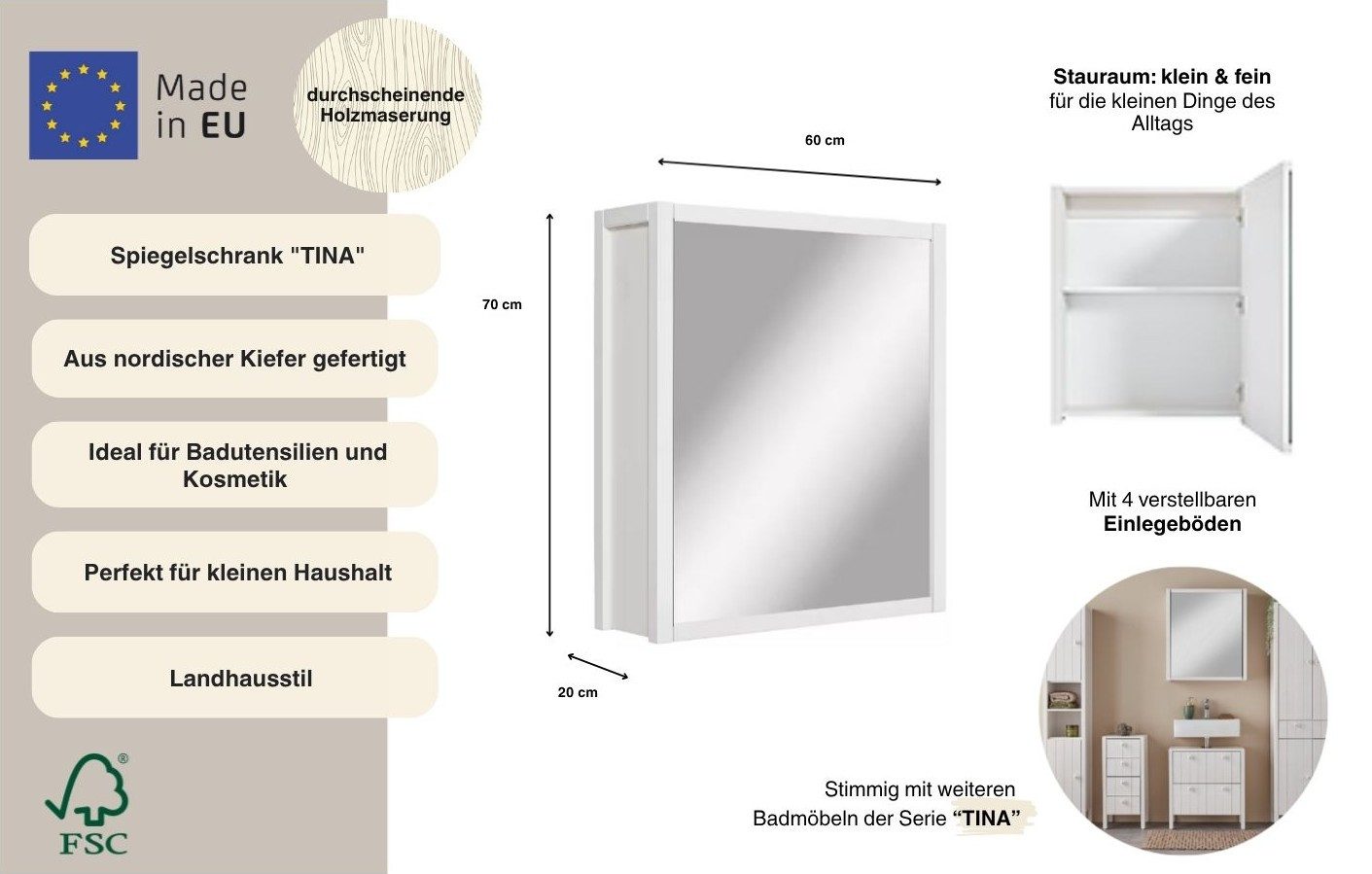 Home affaire Spiegelschrank Tina Badmöbel, Spiegel, Breite 60 cm, Massivholz