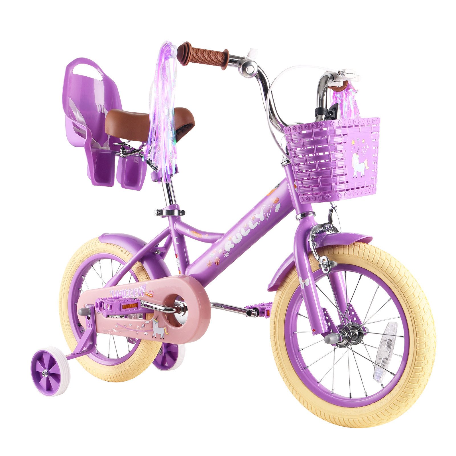 RULLY Kinderfahrrad Kinderfahrrad Mädchen 12/14/16 Zoll für 2–7 Jahre mit Stützrädern, 1 Gang, Mit Korb, Puppensitz, Stützrädern, Schutzblechen & Glocke