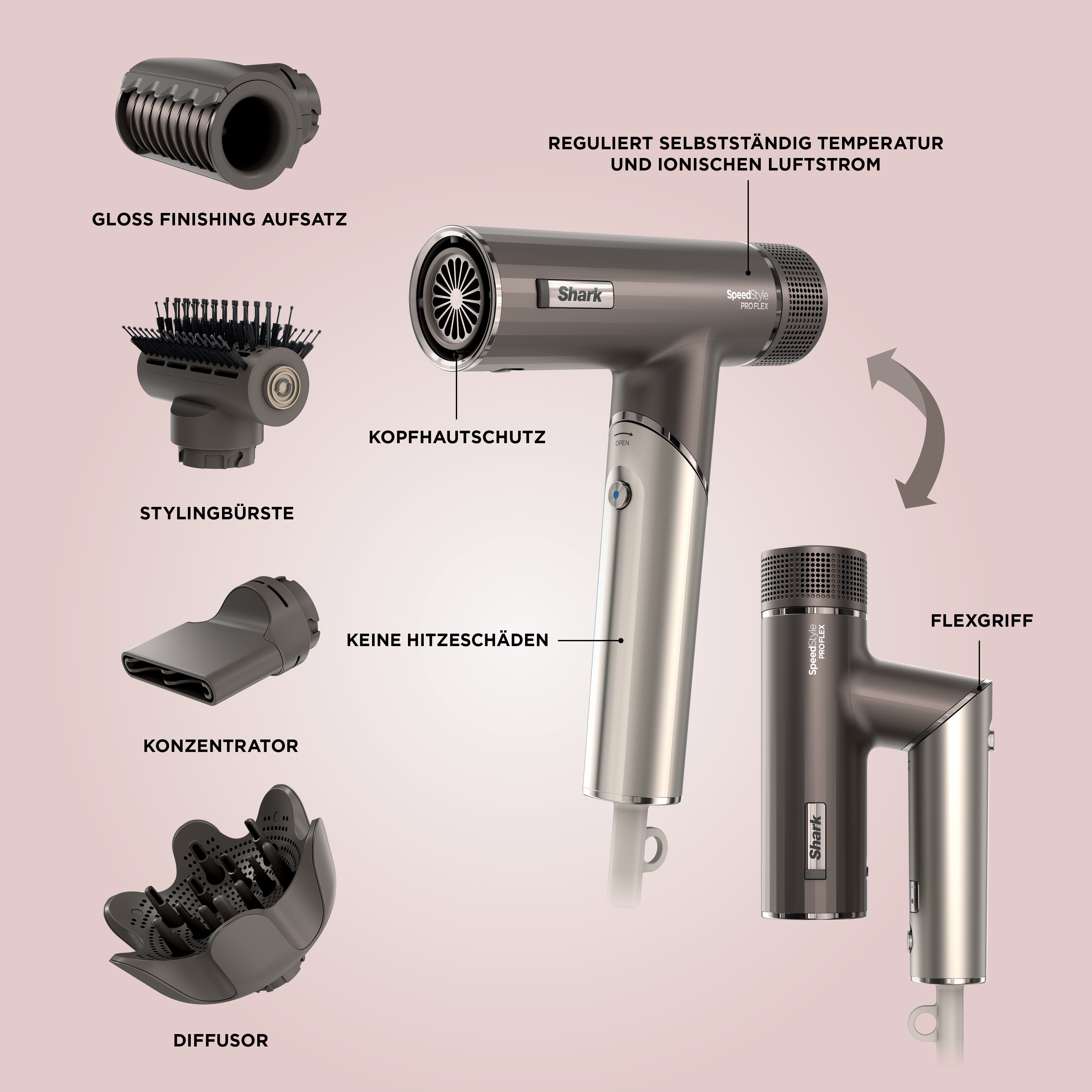 Shark Haartrockner SpeedStyle Pro HD542EU, 1700 W, für alle Haartypen mit4 Styling-Aufsätze und Scalp Shield-Modus