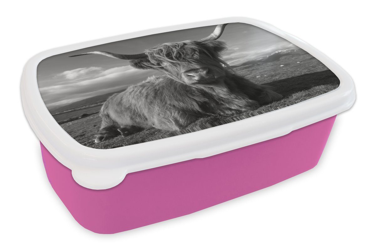 MuchoWow Lunchbox Liegender schottischer Highlander - schwarz und weiß, Kunststoff, (2-tlg), Brotbox für Erwachsene, Brotdose Kinder, Snackbox, Mädchen, Kunststoff rosa