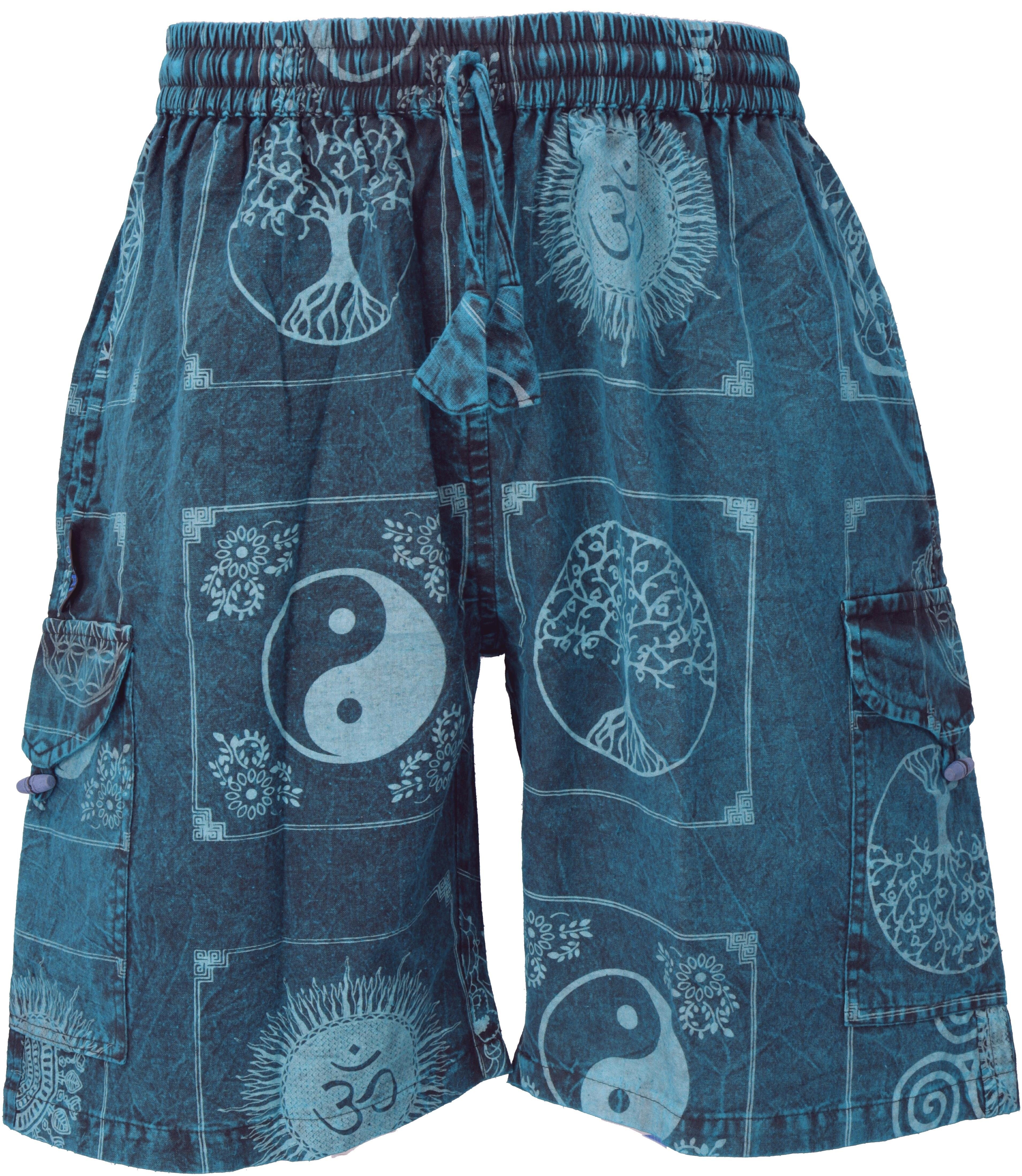 Guru-Shop Relaxhose Ethno Yogashorts, stonewash Shorts aus Nepal -.. Hippie, Ethno Style, alternative Bekleidung blau