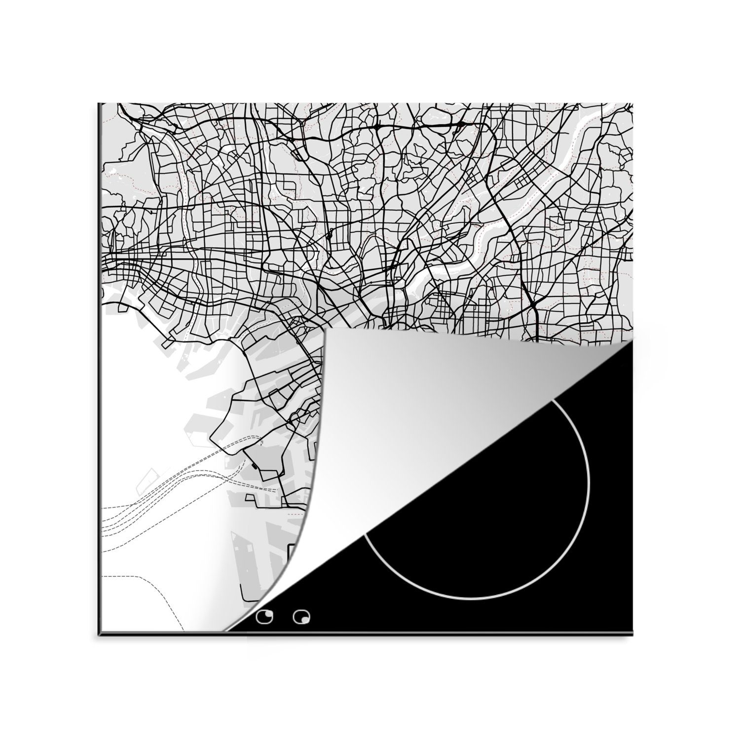 weiß - Herdblende-/Abdeckplatte - für Vinyl, MuchoWow Schwarz - (1 78x78 Ceranfeldabdeckung, und küche tlg), Arbeitsplatte Stadtplan Karte, cm, Osaka