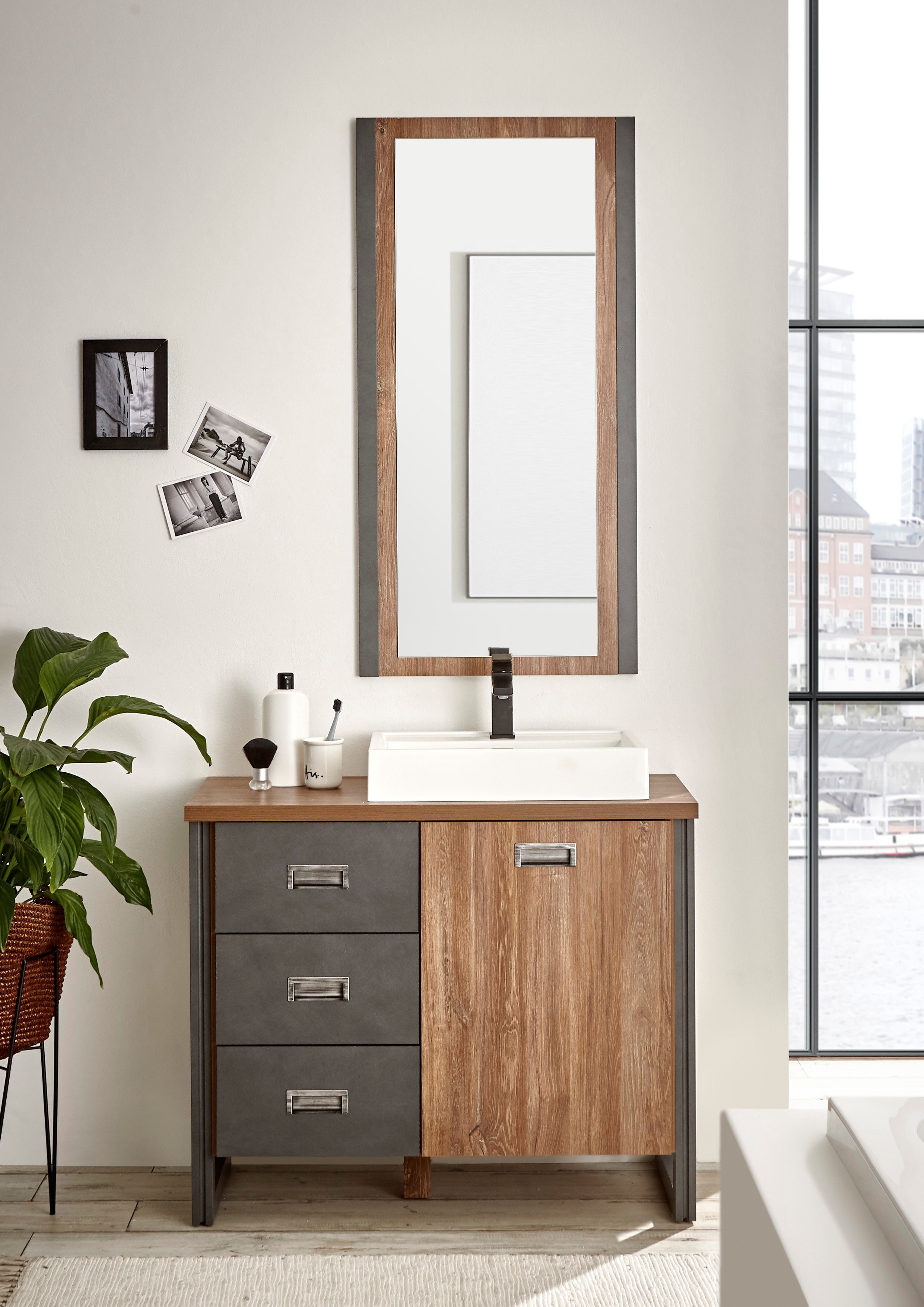 Home affaire Badmöbel-Set Detroit, Bad im Industrialdesign, 2-teiliges Badezimmer, (Set, 2-St), Waschtisch und Spiegel, inkl. Aufsatzwaschbecken aus Mineralguss