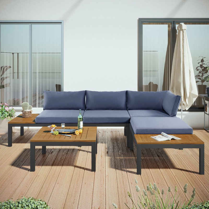 Flieks Gartenlounge-Set, (3-tlg., mit Kissen und Tisch), 4-Sitzer Gartenmöbelset Sitzgruppe Akazienholz & Stahl 250*179*67cm