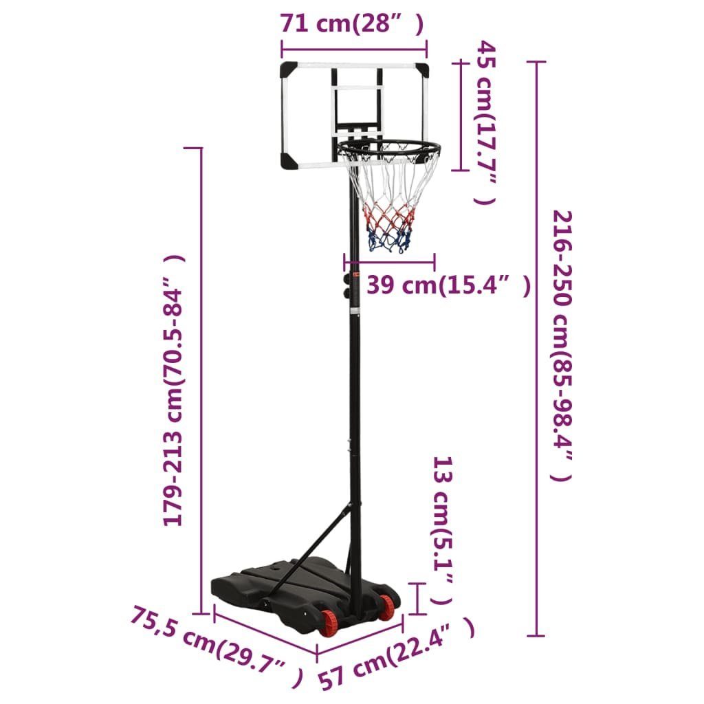 vidaXL Basketballkorb Basketballständer Polycarbonat 216-250 cm Transparent