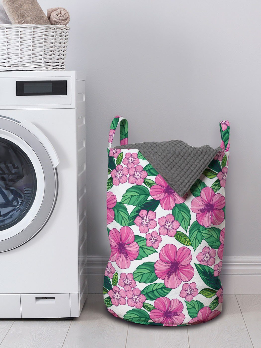 mit Wäschekorb und Plumeria Abakuhaus Kunst Wäschesäckchen Kordelzugverschluss Hibiscus für Griffen Waschsalons, Blumen