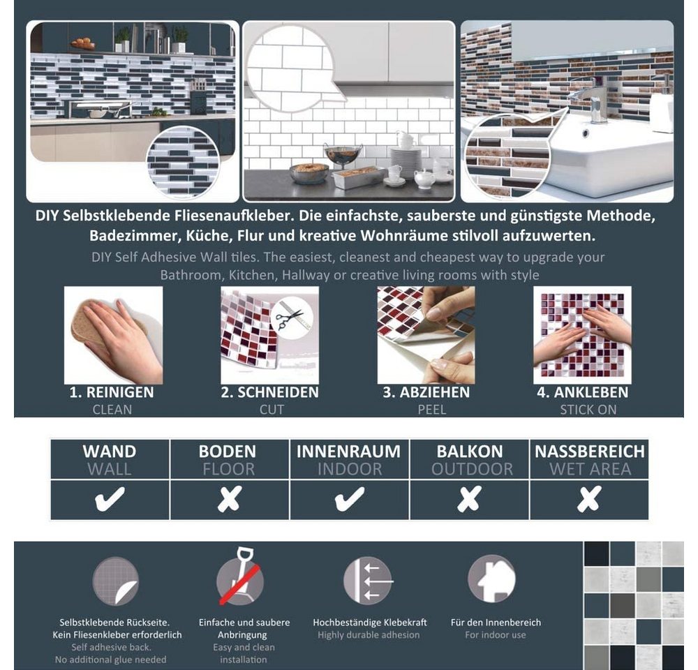 Thumbnail - K&L Wall Art Fliesenaufkleber Edelstahl Fliesen Mosaik Wandfliese selbstklebend Subway Kachel 3D (Vorteilspack, 1 St., S...
