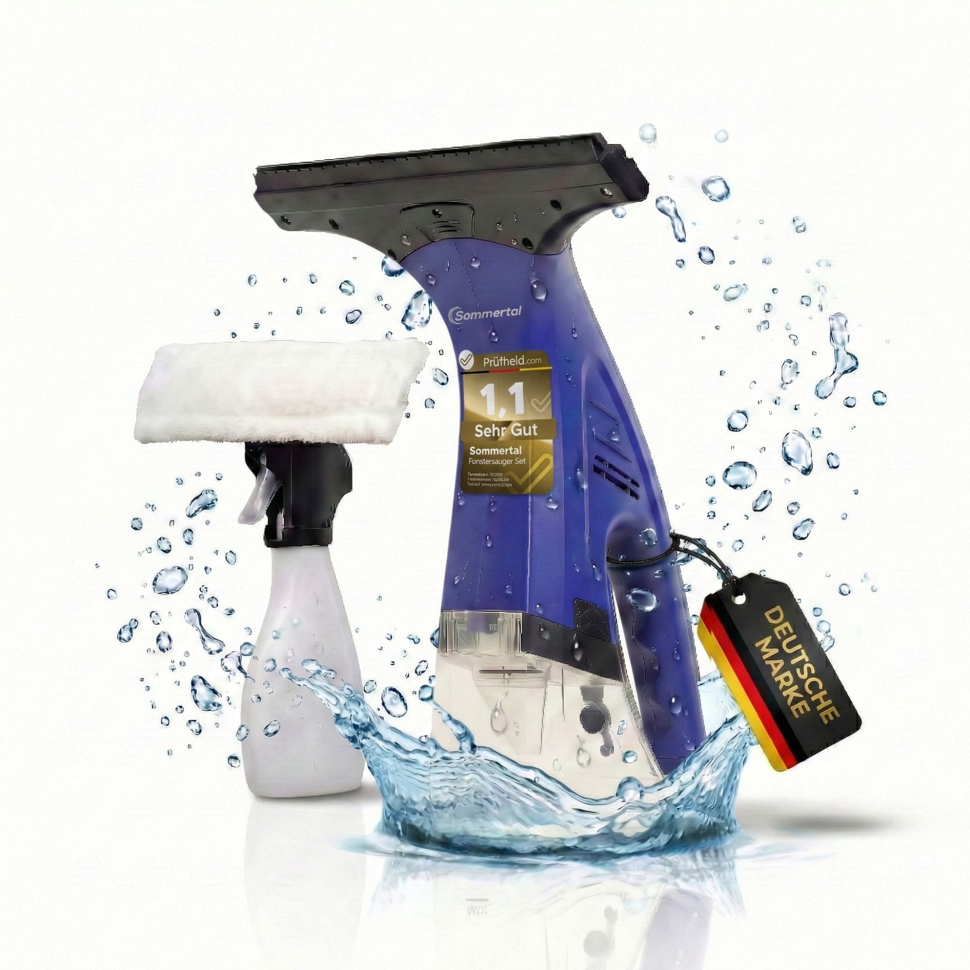 Sommertal Akku-Fenstersauger Fenstersauger Akku Set – Fensterreiniger mit Sprühflasche & Pad, Streifenfreier Fensterputz – 1600Pa Saugleistung, 25 Min Akku