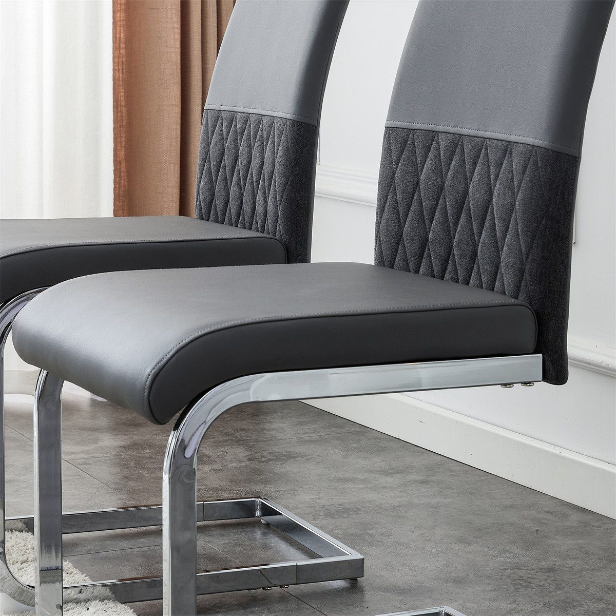 XDeer Esszimmerstuhl 2er Set Side Rücken Rücklehne PU Chair und Leinen,hoher Grau Design, aus gepolstert Esszimmerstühle,Bürostuhl,Querstreifen Rückenlehne