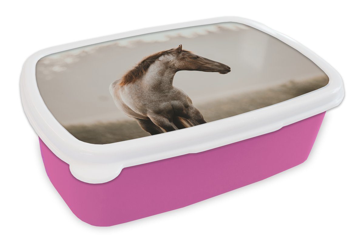 MuchoWow Lunchbox Pferd - Nebel - Natur, Kunststoff, (2-tlg), Brotbox für Erwachsene, Brotdose Kinder, Snackbox, Mädchen, Kunststoff rosa
