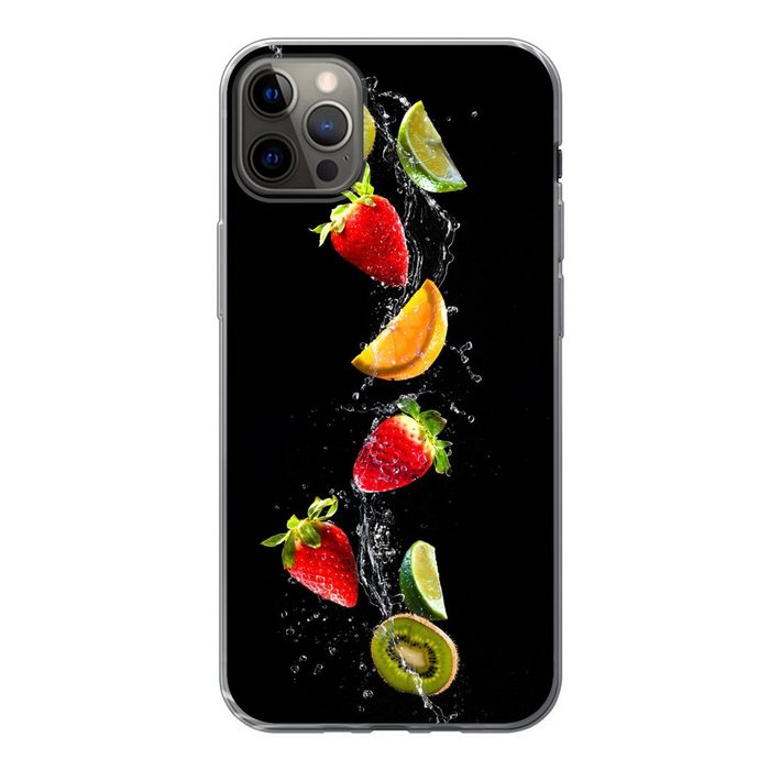 MuchoWow Handyhülle Obst - Wasser - Schwarz - Stillleben Erdbeere - Kiwi Handyhülle Apple iPhone 13 Pro Max Smartphone-Bumper Print Handy