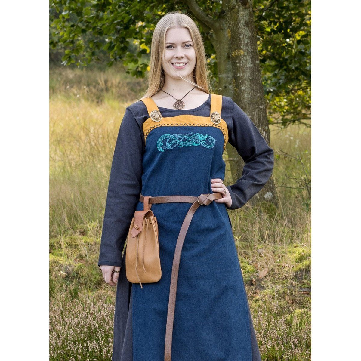 Ritter-Kostüm Wikinger Überkleid mit Stickerei im Jellingstil Blau / Gelb XXL