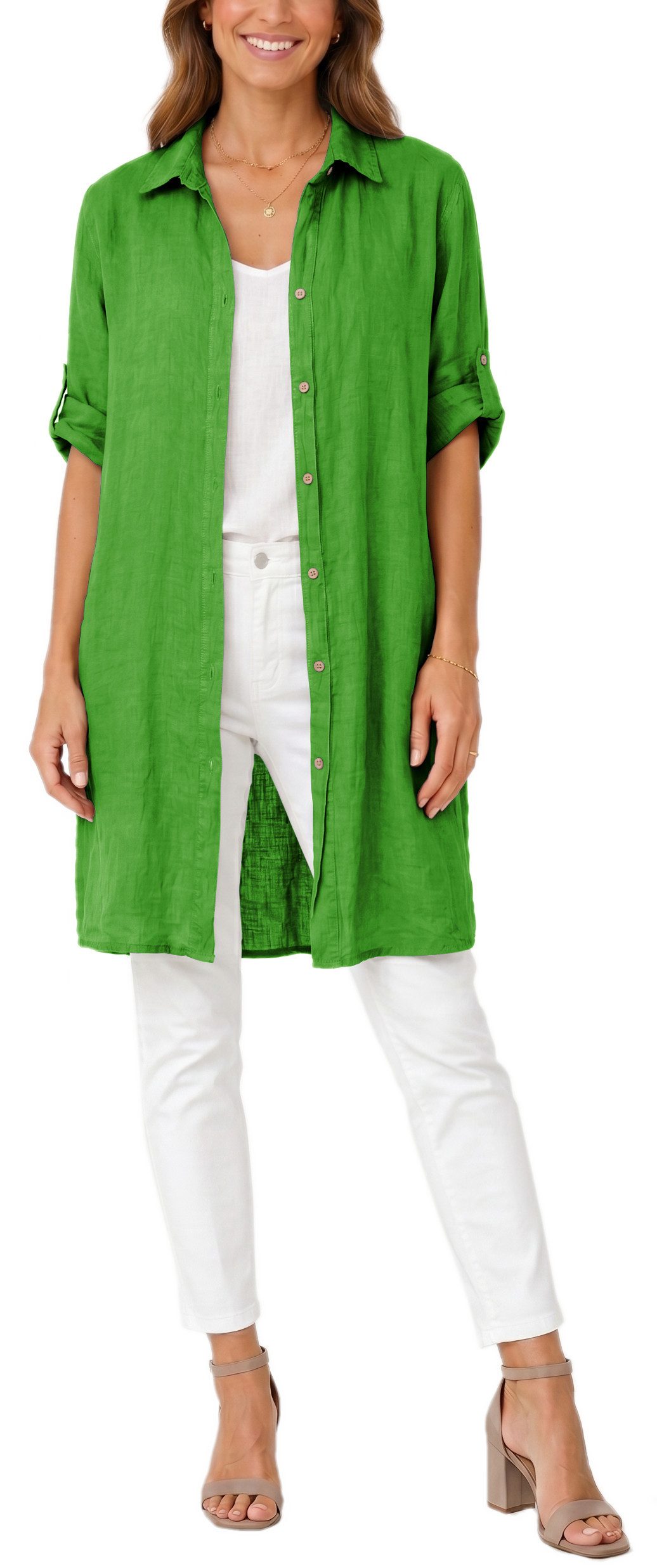 dy_mode Longbluse Damen Leinen Longbluse Sommer Hemdbluse Blusenkleid Luftige Tunika in Unifarbe, mit Knopfleiste