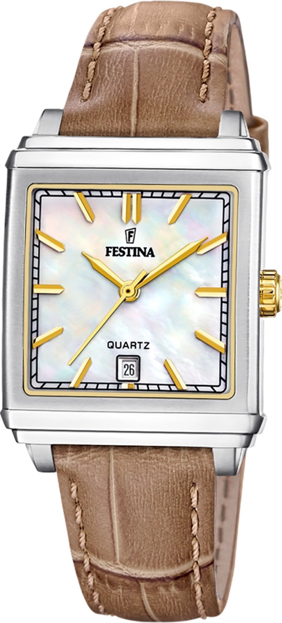 Festina Quarzuhr Festina Damenuhr Leder beige hellbraun, (Analoguhr), Damen Armbanduhr rechteckig, Lederarmband beige, hellbraun, Fashion