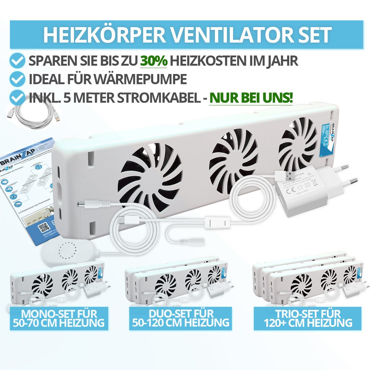 BRAINZAP Heizkörperventilator Heizkörper/Radiator Ventilator Booster, 8 cm Durchmesser, Für Alle Heizkörper, 50-120cm, 20 dbA, 1kWh/Jahr, 20-30% Kosten sparen
