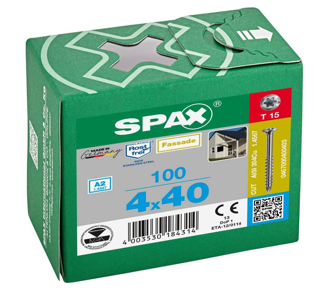 SPAX Fassadenschraube Fassadenschraube, Linsensenkkopf, Edelstahl A2, T-STAR plus TX 15, (100 St)
