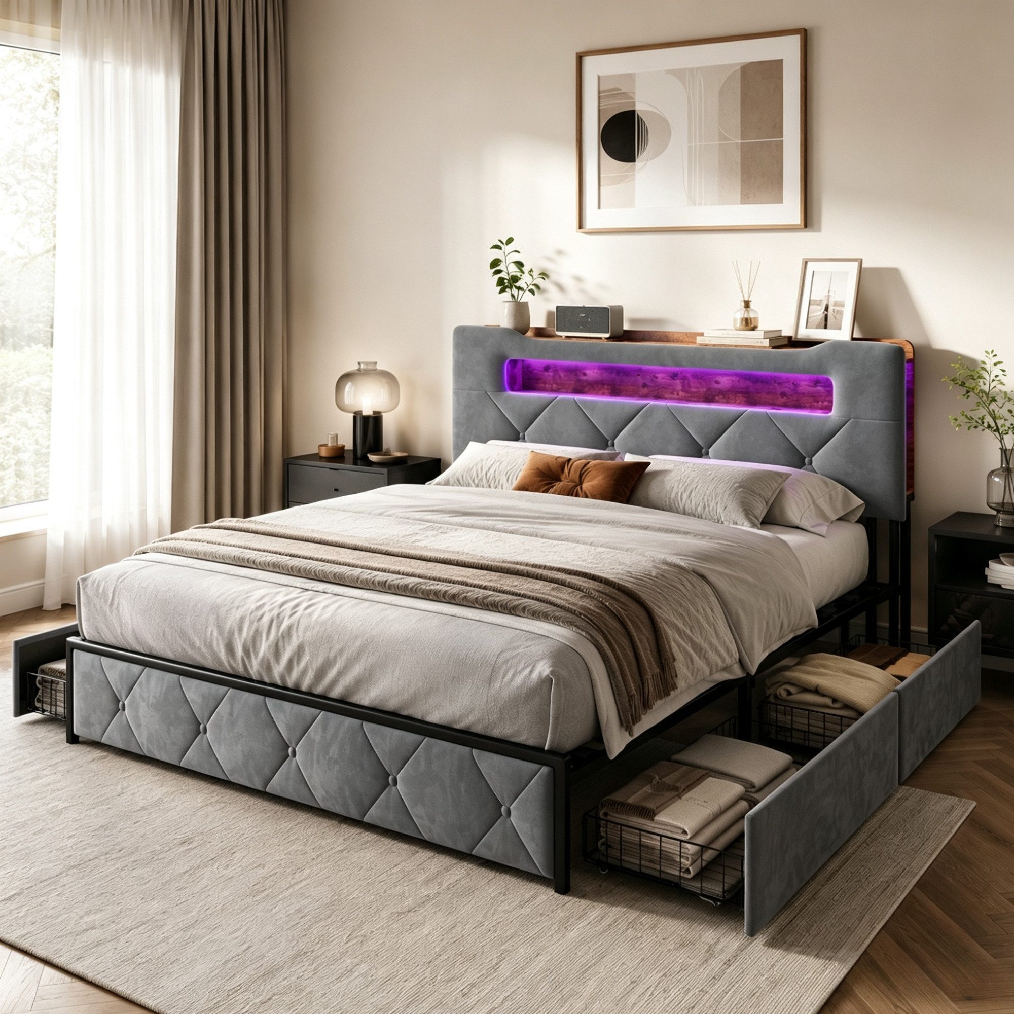 Simurq Polsterbett 140x200cm Stauraumbett mit LED, Ladefunktion und 4 Schubladen (Packung, 1-tlg., Doppelbett Mit Stauraum Kopfteil und Lattenrost), Samt Schubladenbett für Jungen und Mädchen