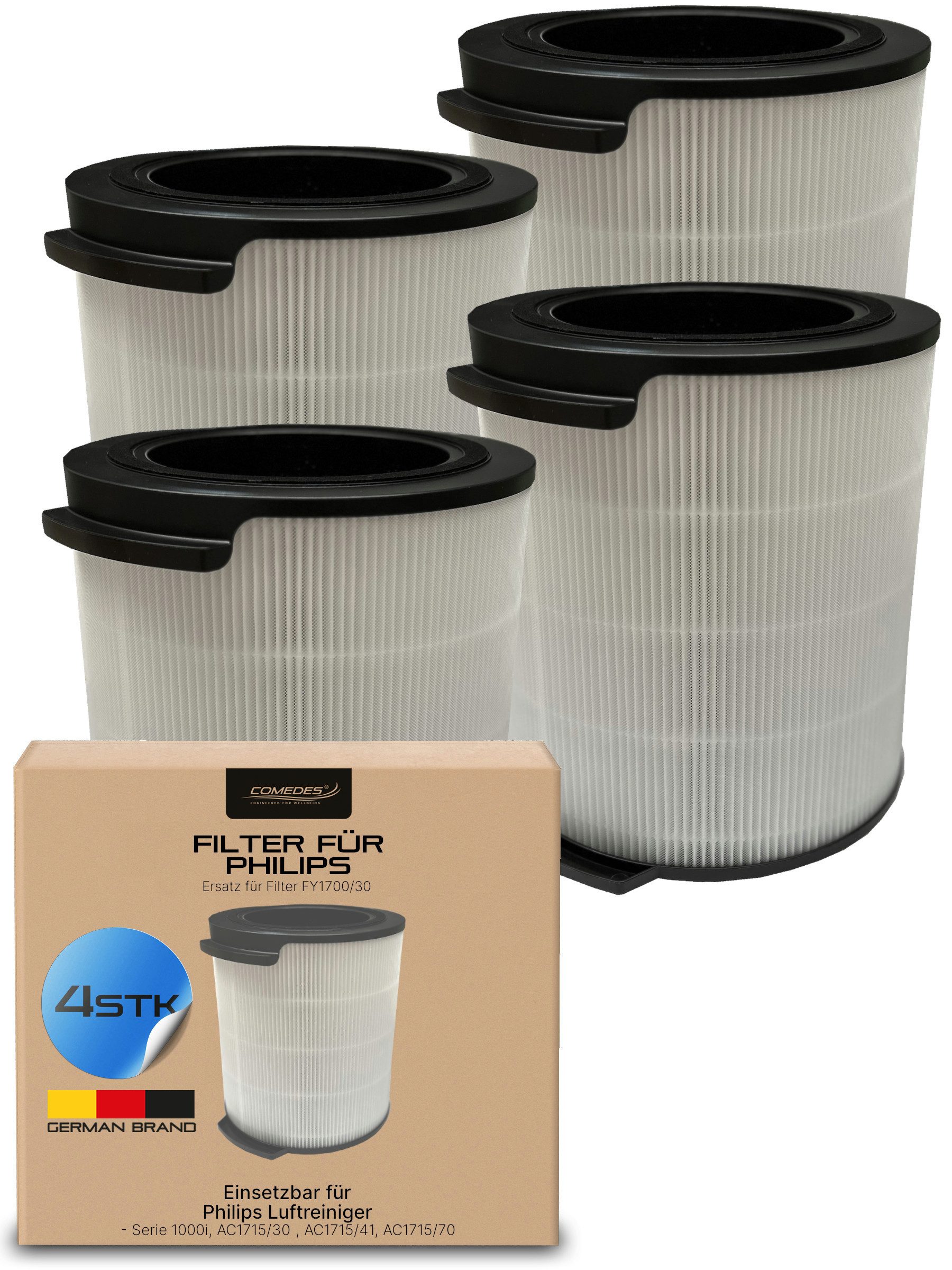 Comedes Ersatzfilter 4er Set Comedes Ersatzfilter einsetzbar statt Philips FY1700/30, Zubehör für Luftreiniger Philips AC1715, AC1711
