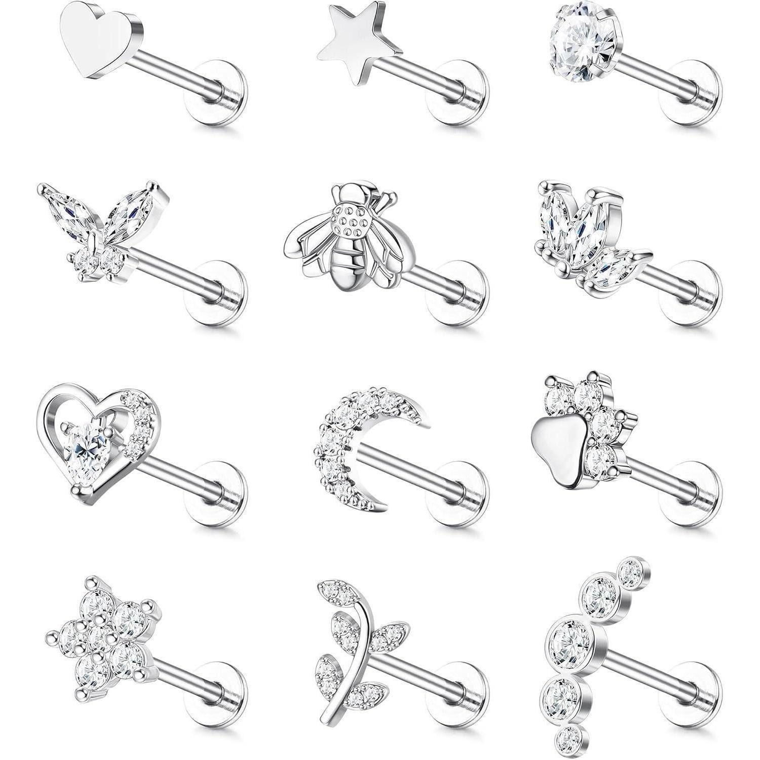 Piercing-Set 12 Stück 16G Tragus Helix Ohrringe Chirurgenstahl CZ Herz Stern Blatt