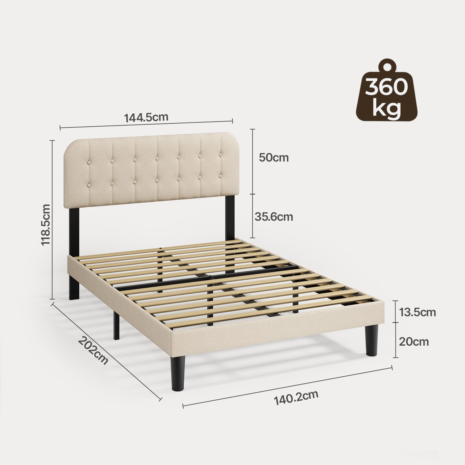 Bealife Bettgestell mit Kopfteil und Lattenrost (Doppelbett, Einzelbett,2 Modelle (120x200, 140x200cm) – Bild 5 von 5