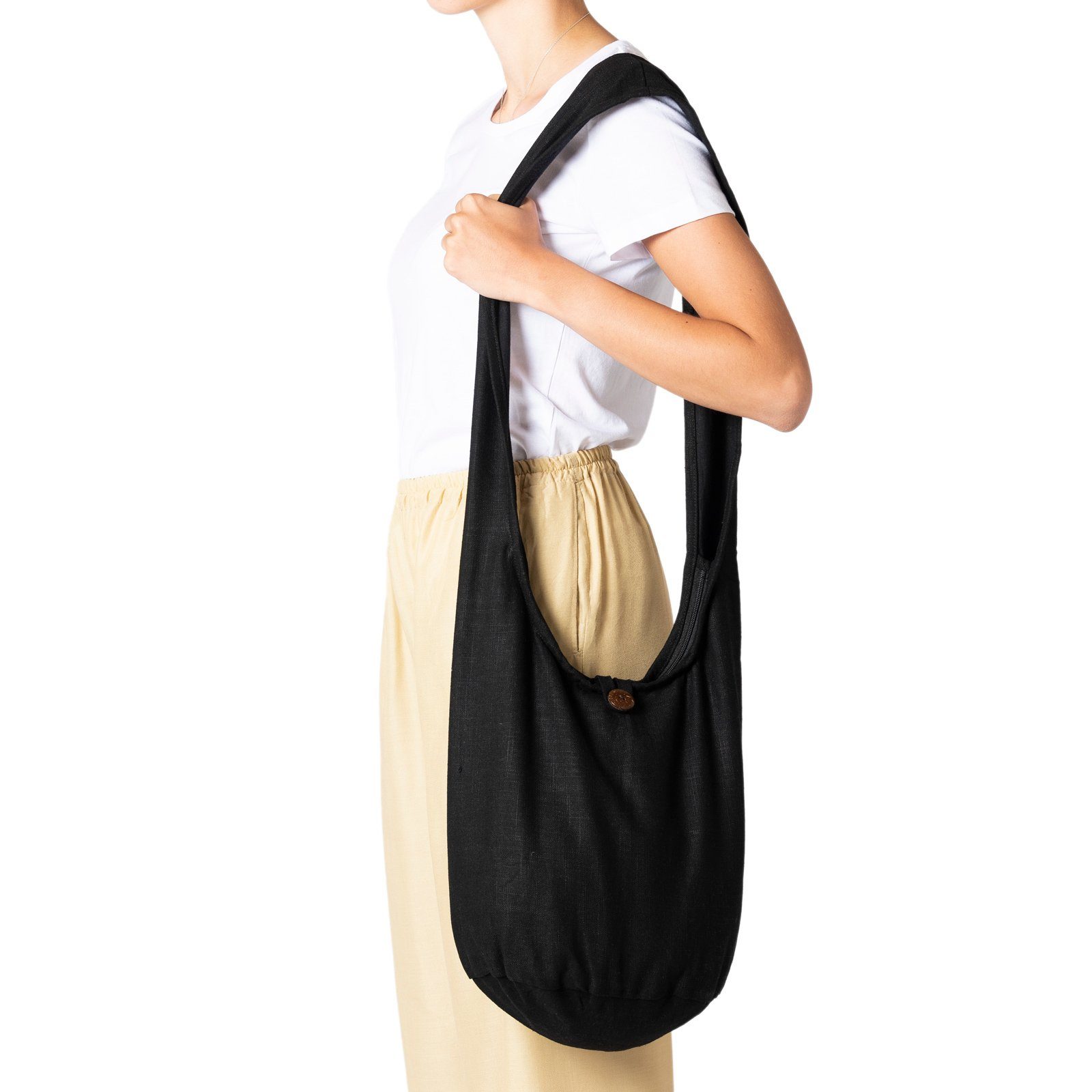 PANASIAM Yogatasche Schulterbeutel einfarbig Schultertasche aus Hanf in 2 Größen, Umhängetasche auch als Wickeltasche Handtasche oder Strandtasche Schwarz