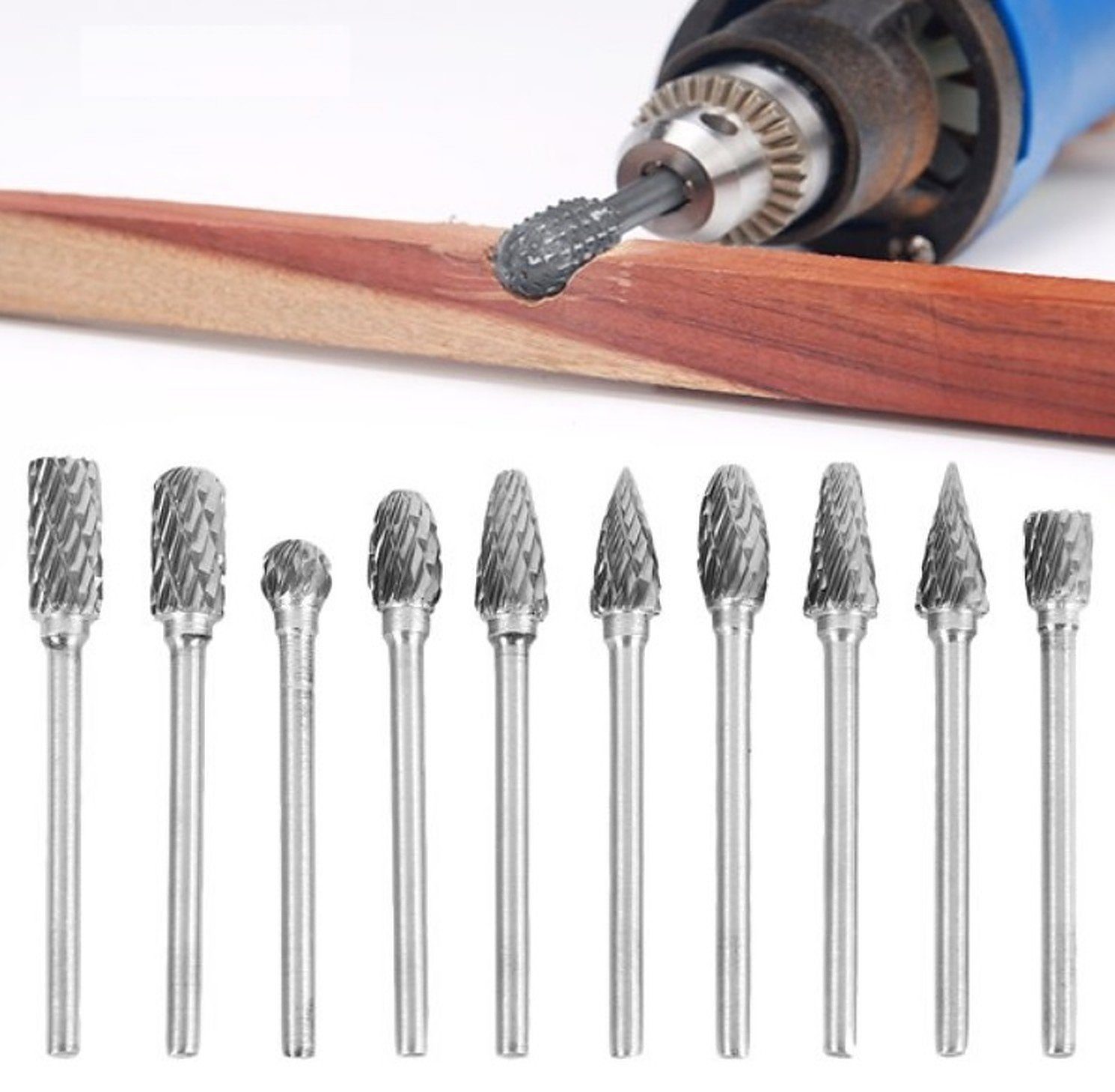 BAYLI Multitool 10x Hartmetallfräser Set 3mm Schaft, Frässtift für Holzbearbeitung