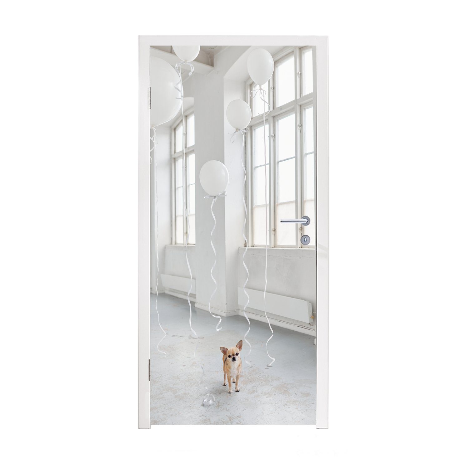 MuchoWow Türtapete Hund - Weiß - Luftballon, Matt, bedruckt, (1 St), Fototapete für Tür, Türaufkleber, 75x205 cm