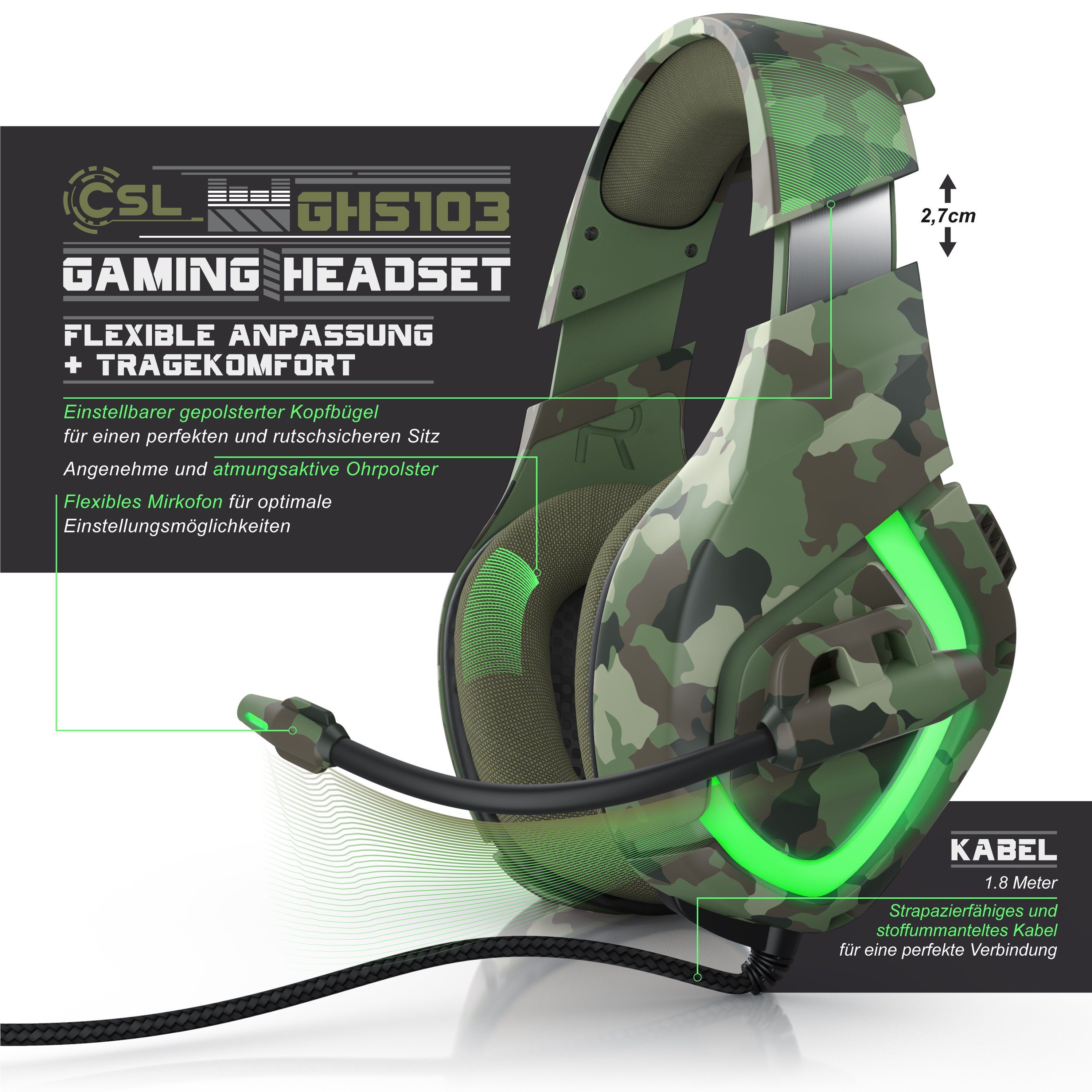 CSL USB "GHS-103" mit Mikrofon, Kopfhörer für PC, PS4 / 4 Pro Gaming-Headset (Gaming Headset kabelgebunden, Over-Ear Kopfhörer, Camouflage Design)