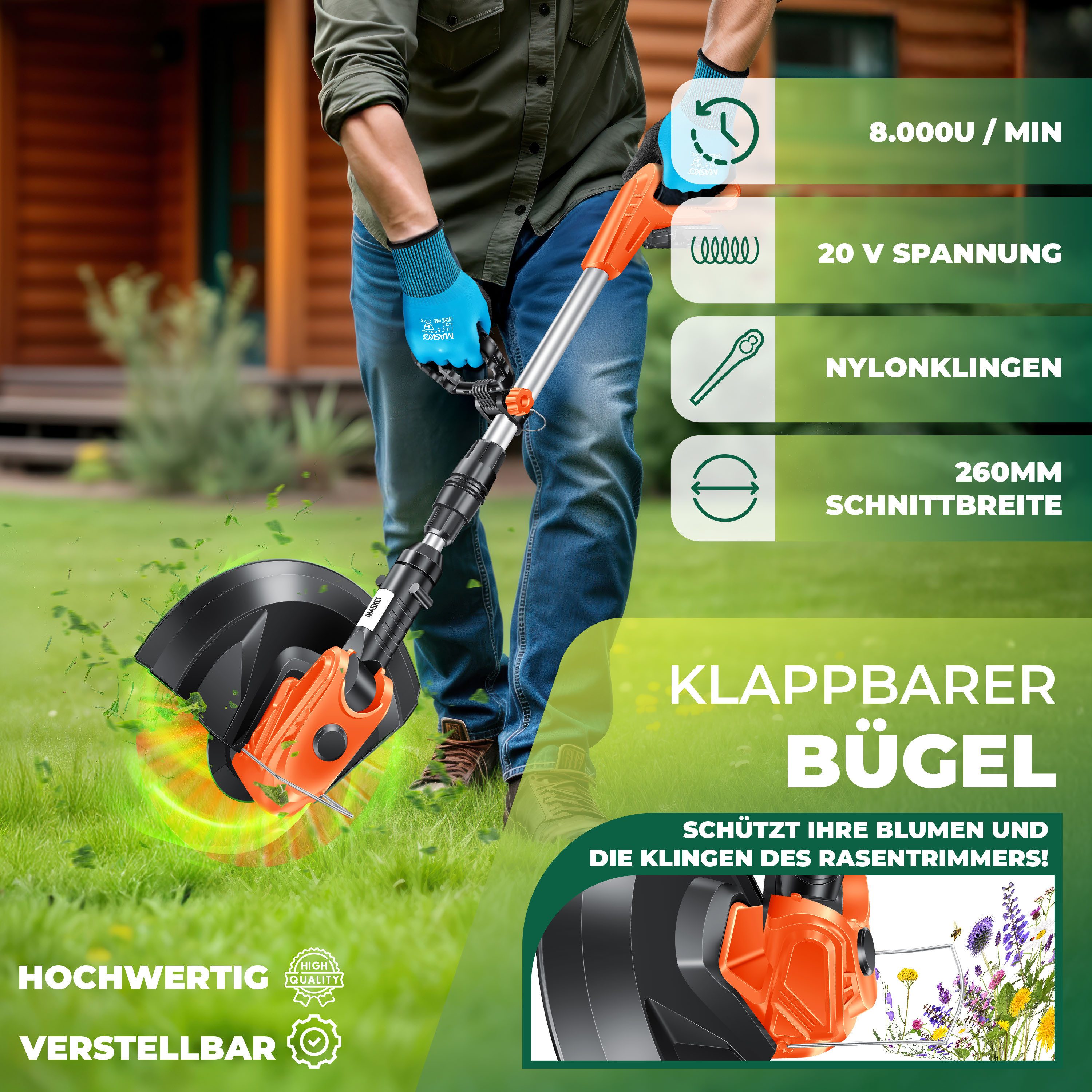 MASKO Akku-Rasentrimmer, Akku-Rasentrimmer mit 20 Li-Akku, 2,0 Ah Akku und Ladegerät