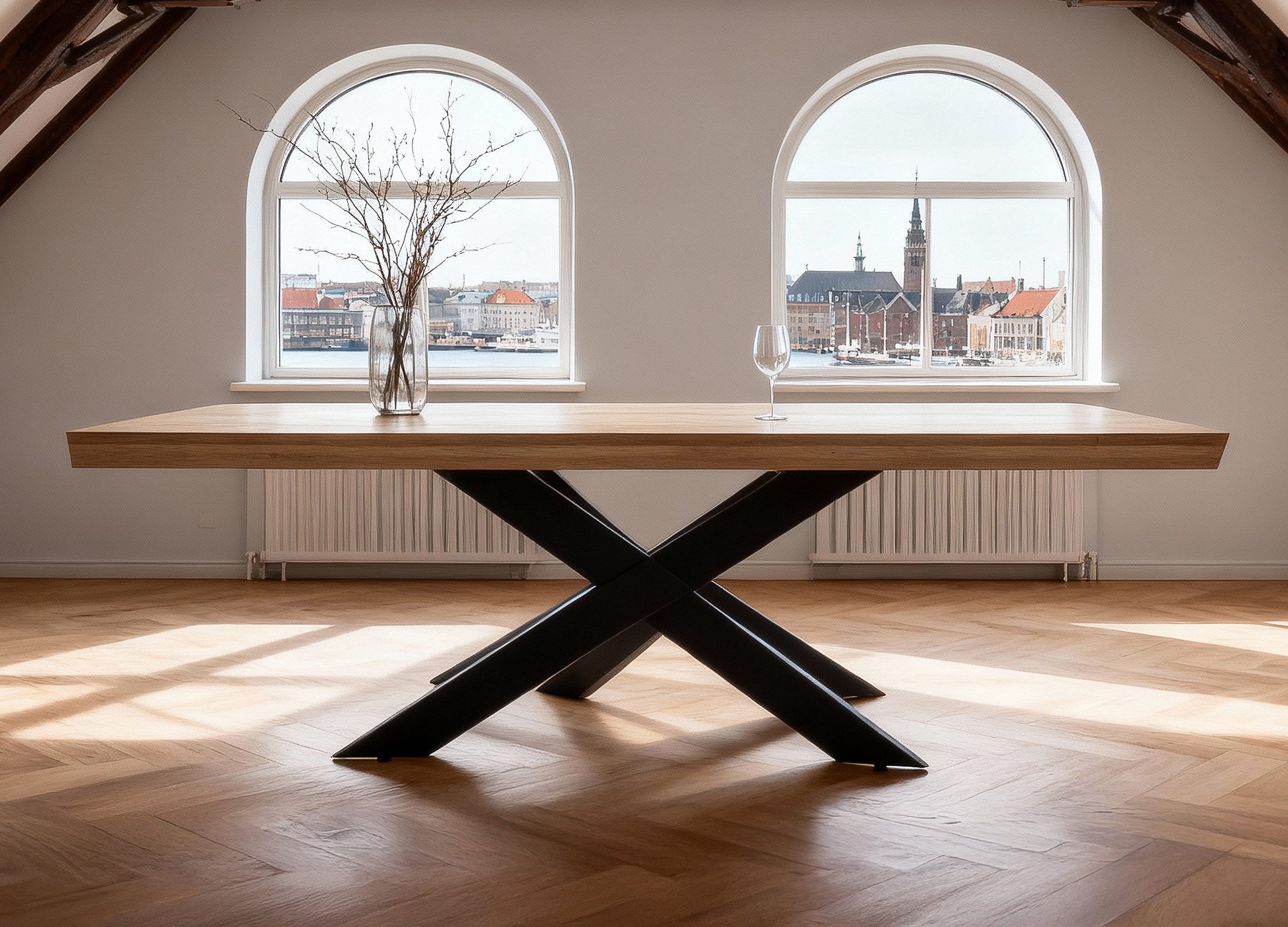 Massivart® Esstisch Wildeiche massiv geölt / 60 mm Platte / 180/200/220 / AHUS, Massivholztisch · Metallgestell · Schweizer Kante · Industrial-Look