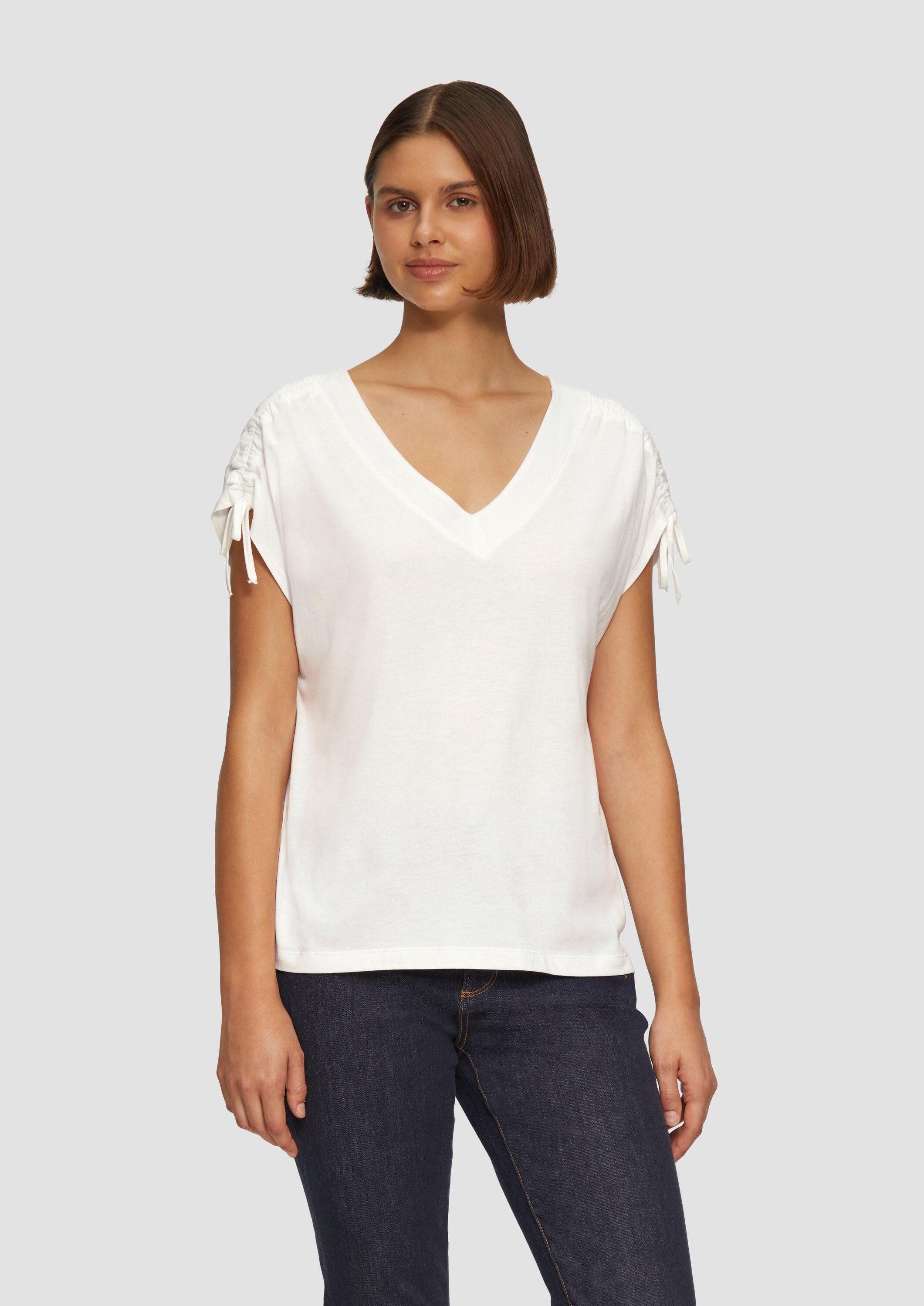 s.Oliver Kurzarmshirt T-Shirt V-Neck Shirt mit Raffung an den Schultern