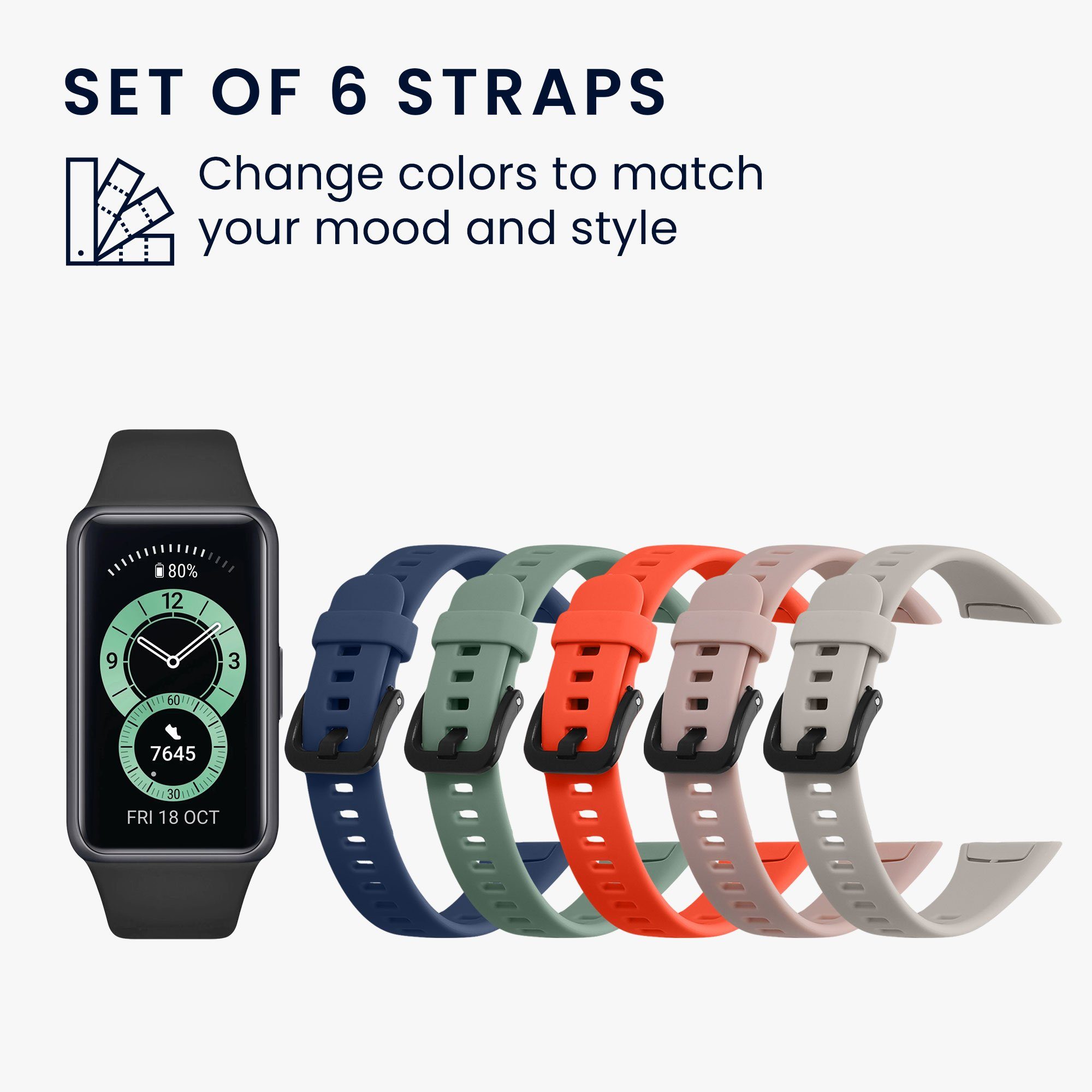 kwmobile 6x Sportarmband für Huawei Band 6 & 6 Pro / Honor Band 7 & 6 Armband Smartwatch, 6-tlg., Armband TPU Silikon Großes Set Fitnesstracker - verschiedene Farben
