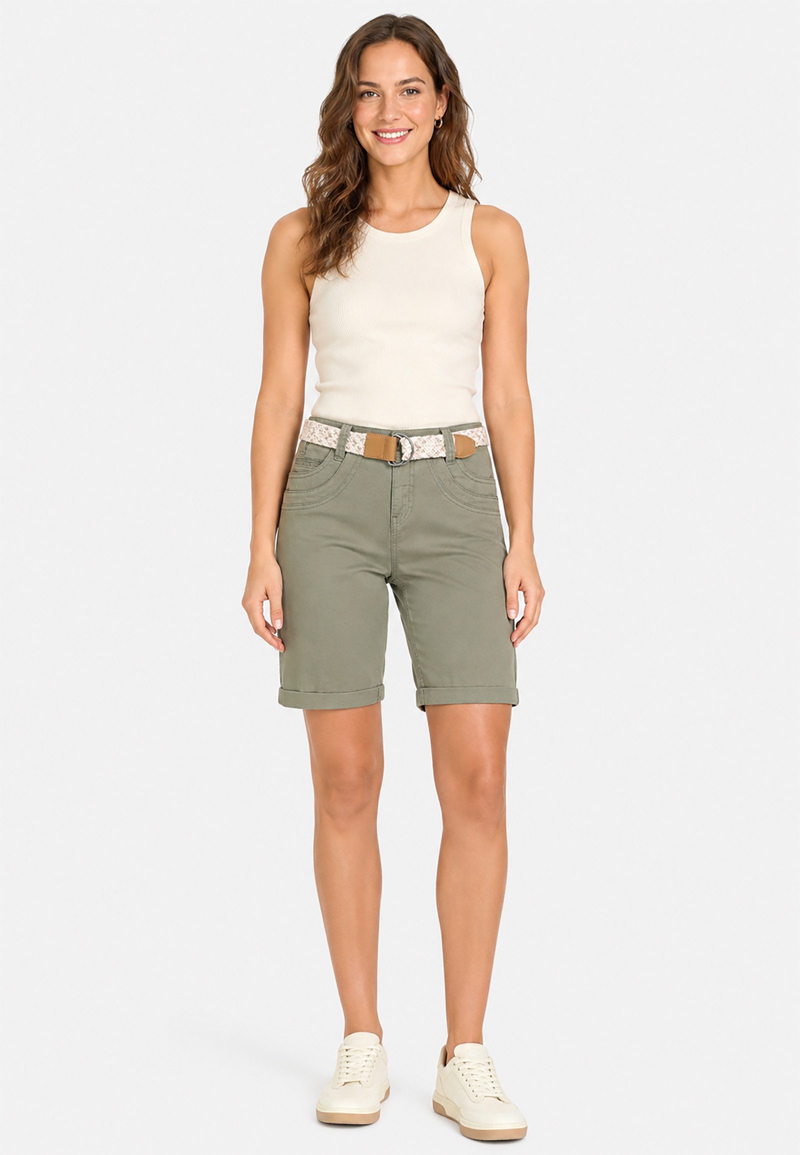 SUBLEVEL Bermudas Stretch Twill Chino Bermuda mit Gürtel und Spitzenakzent für Baumwolle Regular Fit unifarben atmungsaktiv Reißverschluss