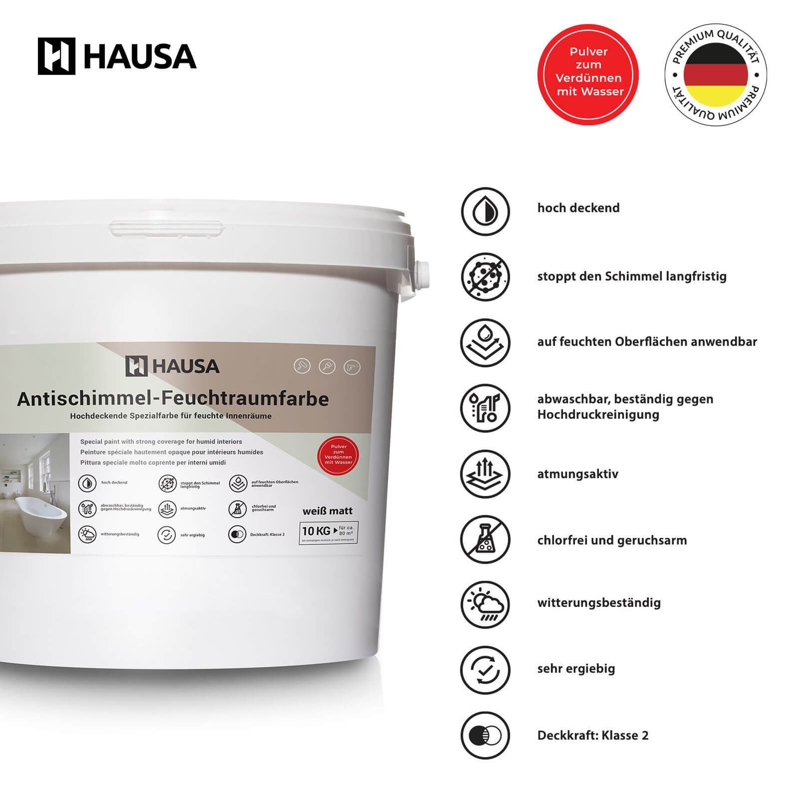 Hausa Feuchtraumfarbe Anti Schimmel Farbe weiß, Feuchtraum Wandfarbe hochdeckende Spezialfarbe für Keller Bad 10 kg