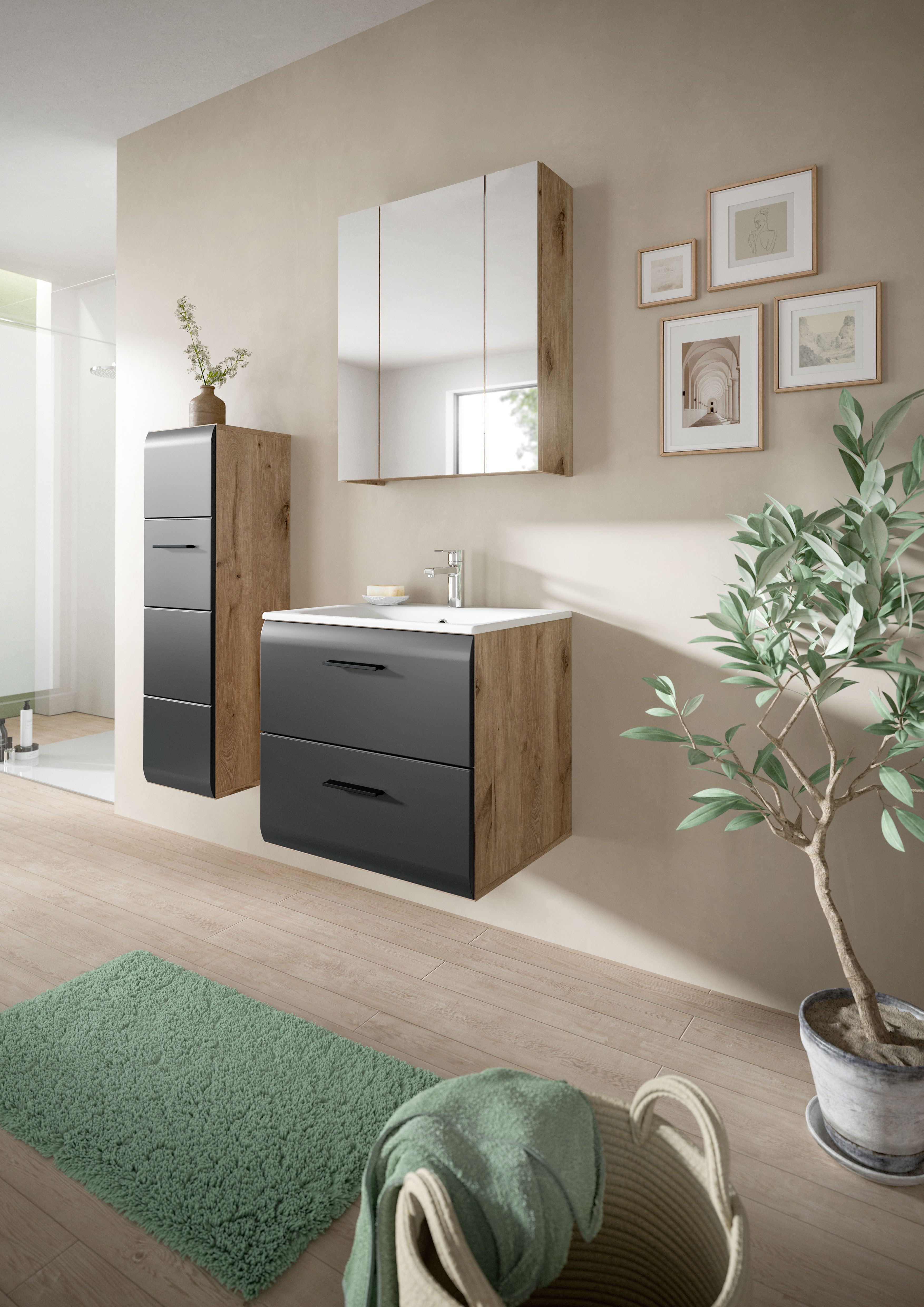 furnling Badmöbel-Set Ivy, (3-St., Spiegelschrank, Standschrank, Waschbecke günstig online kaufen