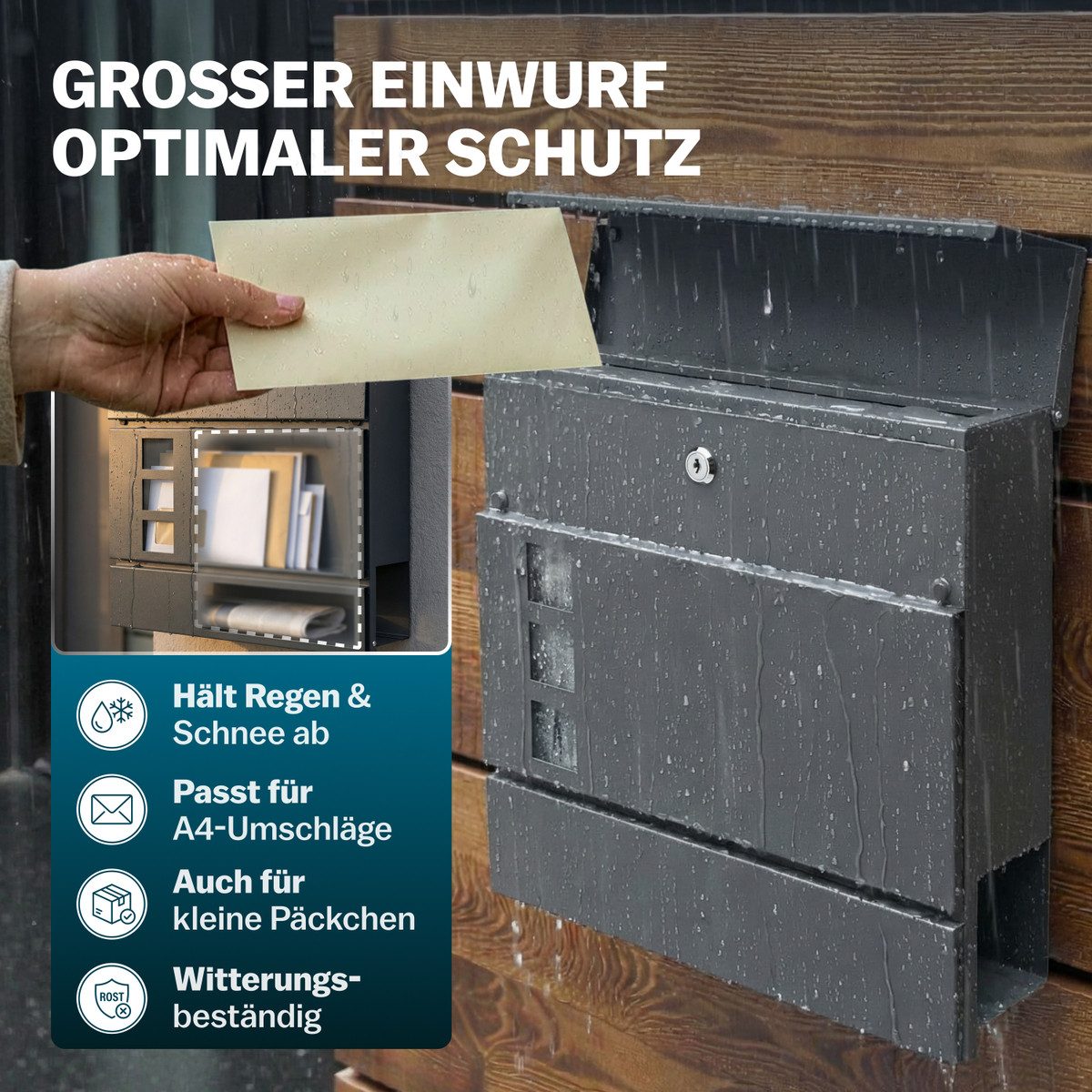 monzana Wandbriefkasten, Design Stahl mit Zeitungsfach Sichtfenster 2 Schlüssel