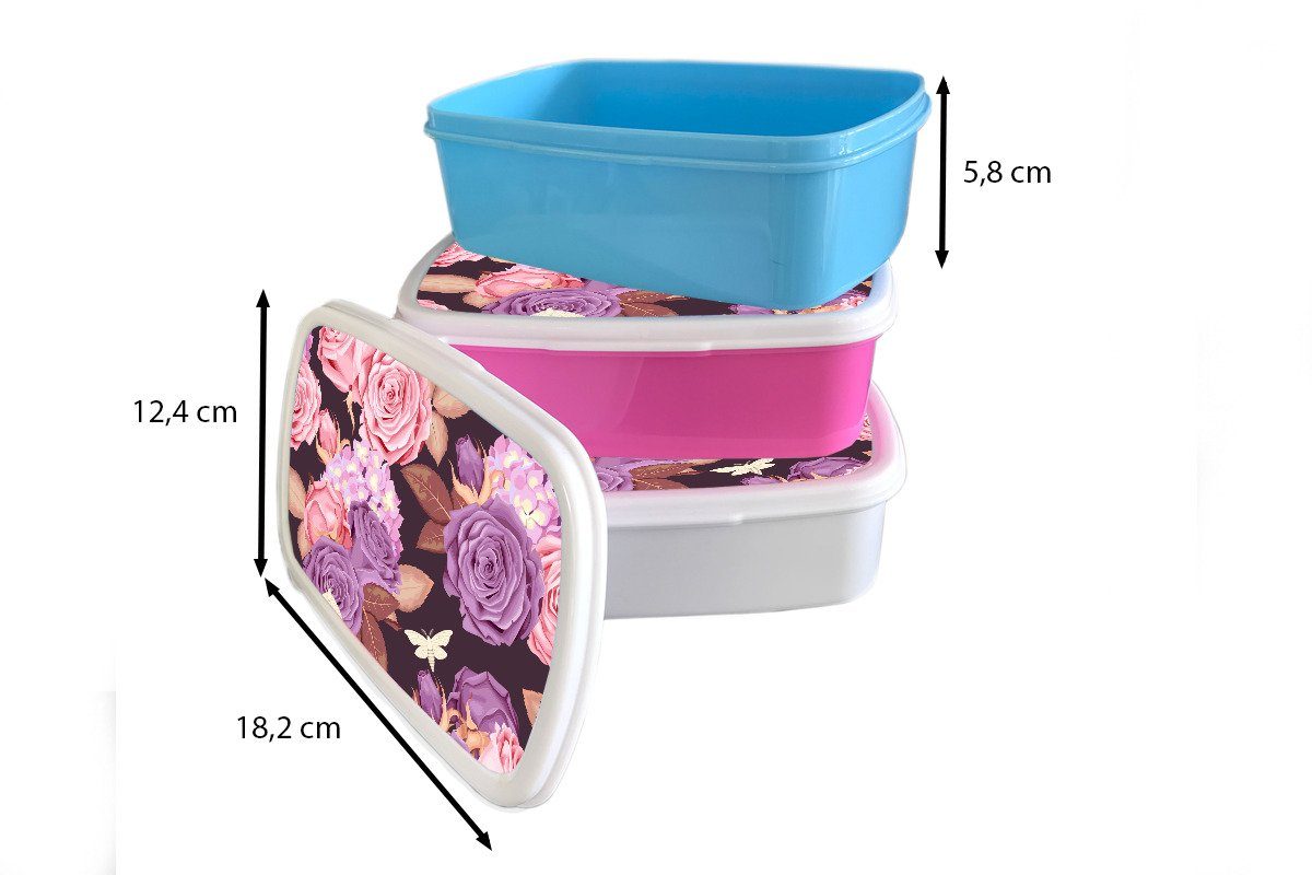 MuchoWow Lunchbox Kunststoff, - - Rosa, Brotdose für (2-tlg), Brotbox Erwachsene, Schmetterlinge Lila Kinder, Snackbox, Blumen Kunststoff - Mädchen