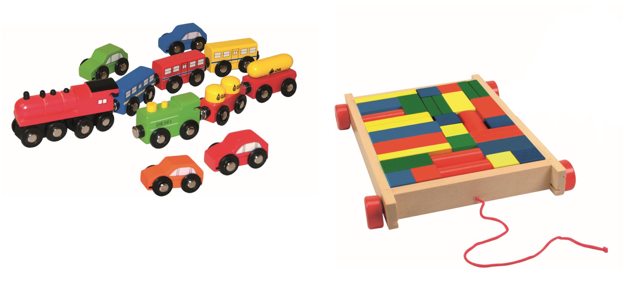 Lernspielzeug Set - Bausteine im Holzwagen mit Rädern + Fahrzeugset