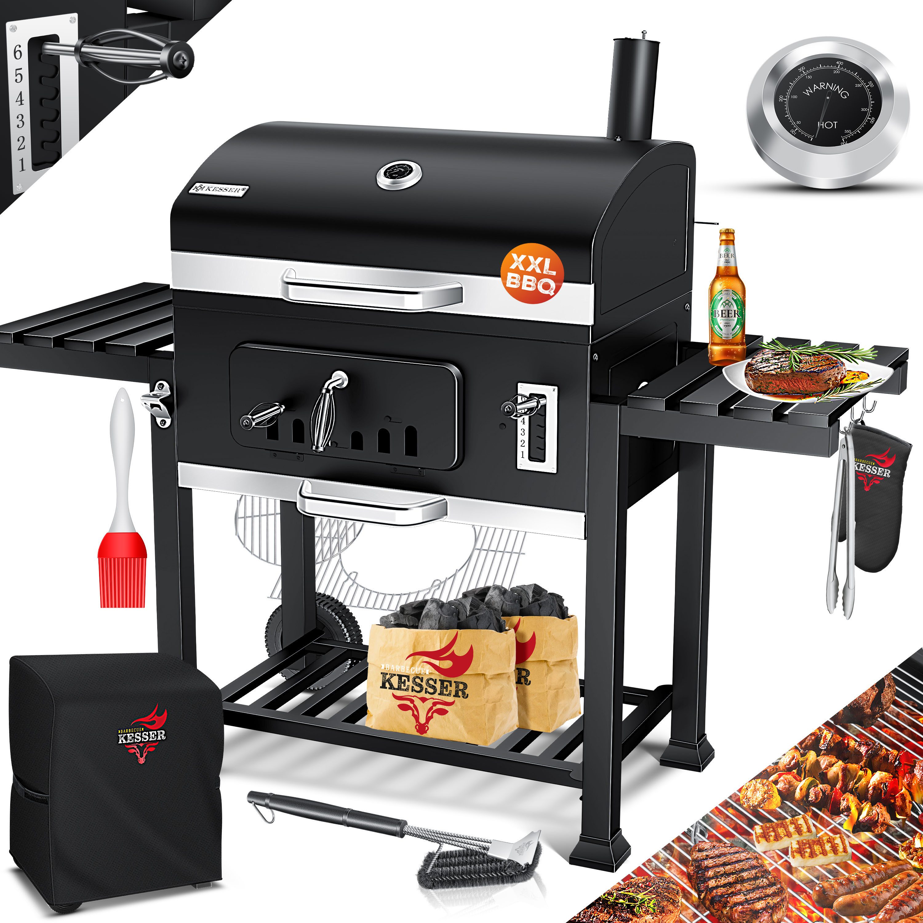 KESSER Holzkohlegrill Grillwagen BBQ Smoker XXL Holzkohlegrill mit Deckel, Rädern, Edelstahl-Griff, Thermometer, Grillrost, Standgrill, Kohlegrillwagen
