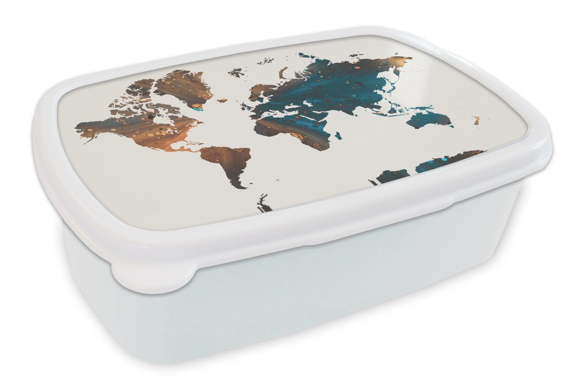 MuchoWow Lunchbox Weltkarte - Blau - Farbe, Kunststoff, (2-tlg), Brotbox für Kinder und Erwachsene, Brotdose, für Jungs und Mädchen weiß