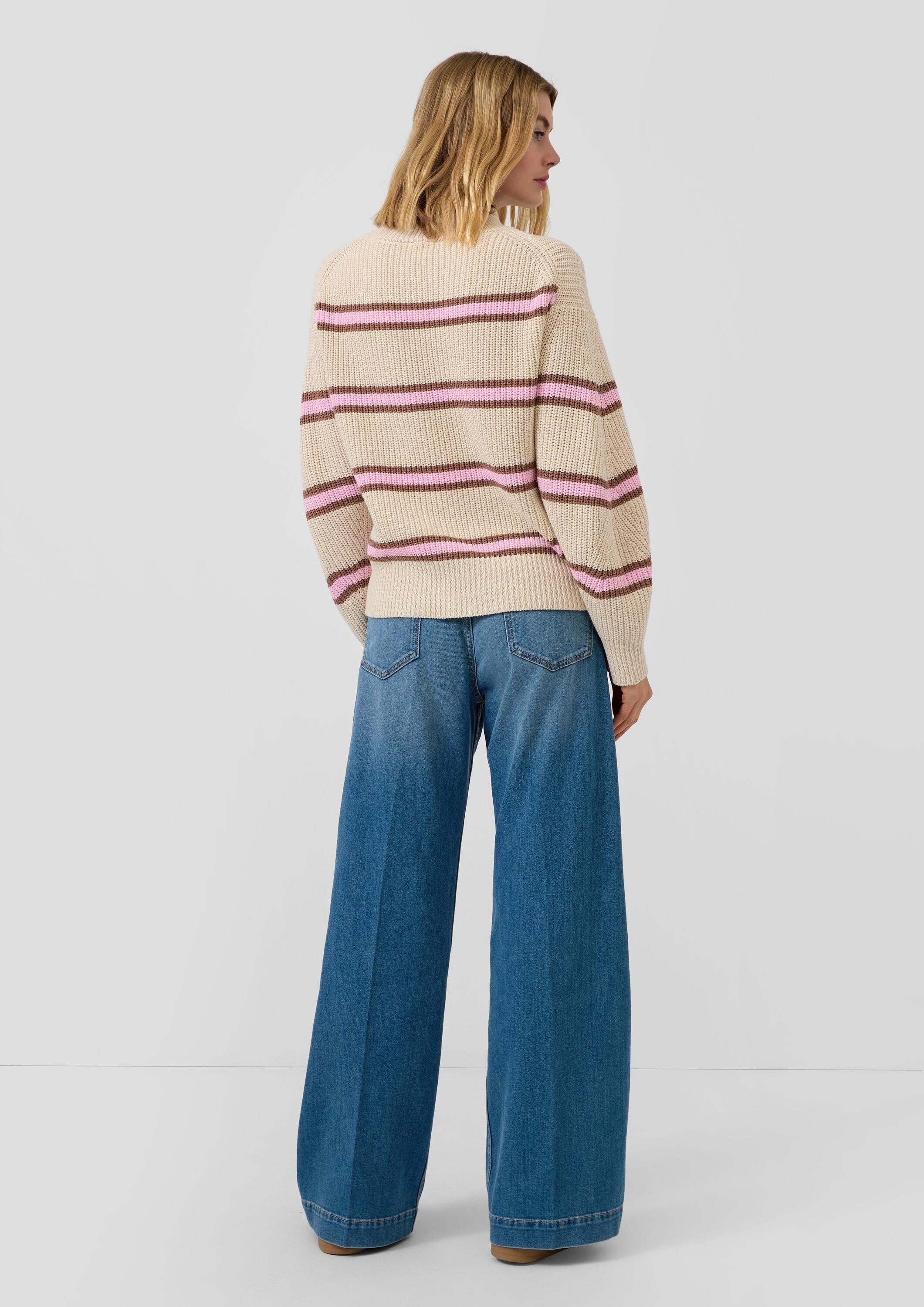 s.Oliver Longpullover Strickpullover Gestreifter Grobstrickpullover mit Stehkragen