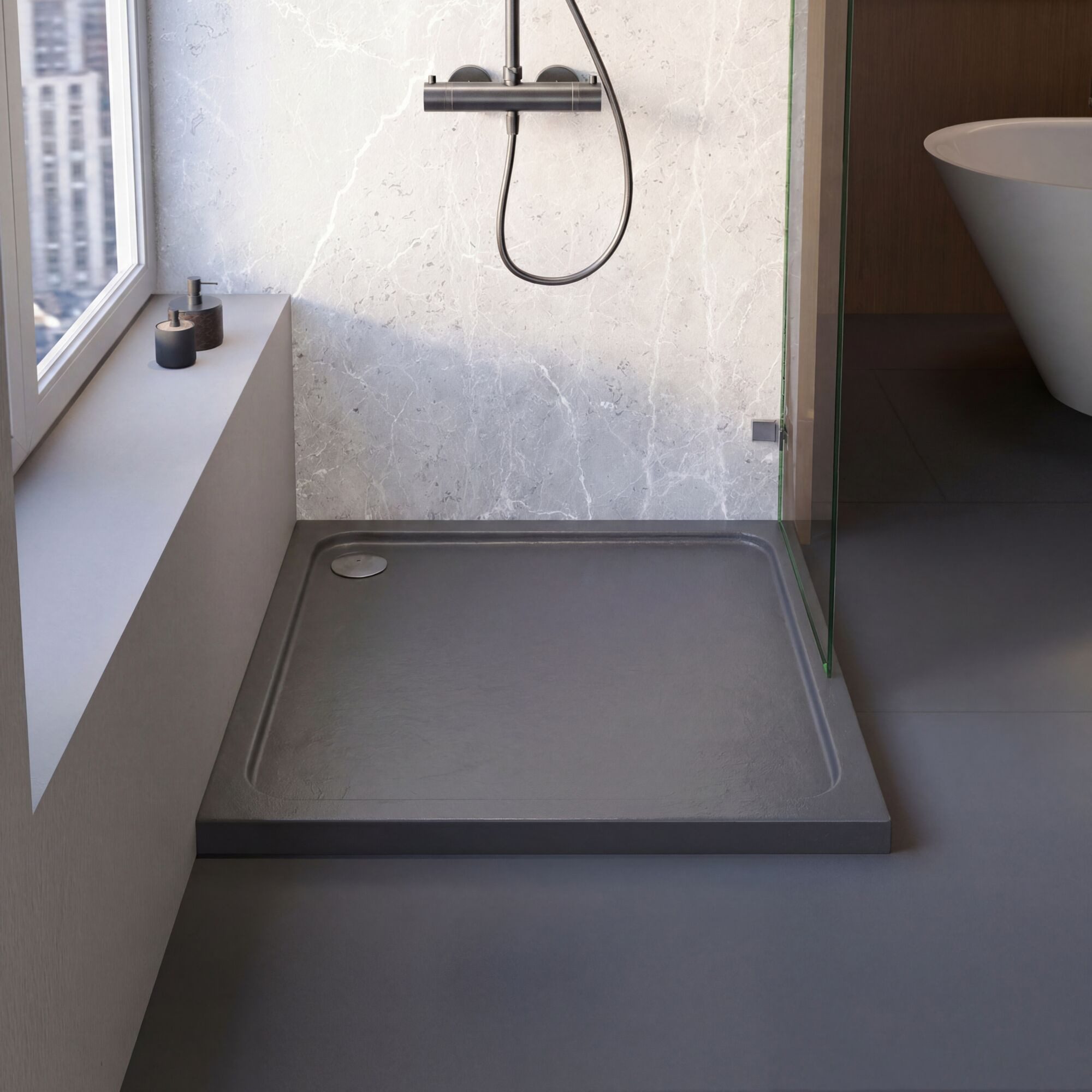 Schulte Duschwanne Adria, Sanitäracryl, 80 x 80 cm Anthrazit Komplett Set mit Wannenträger und Ablauf