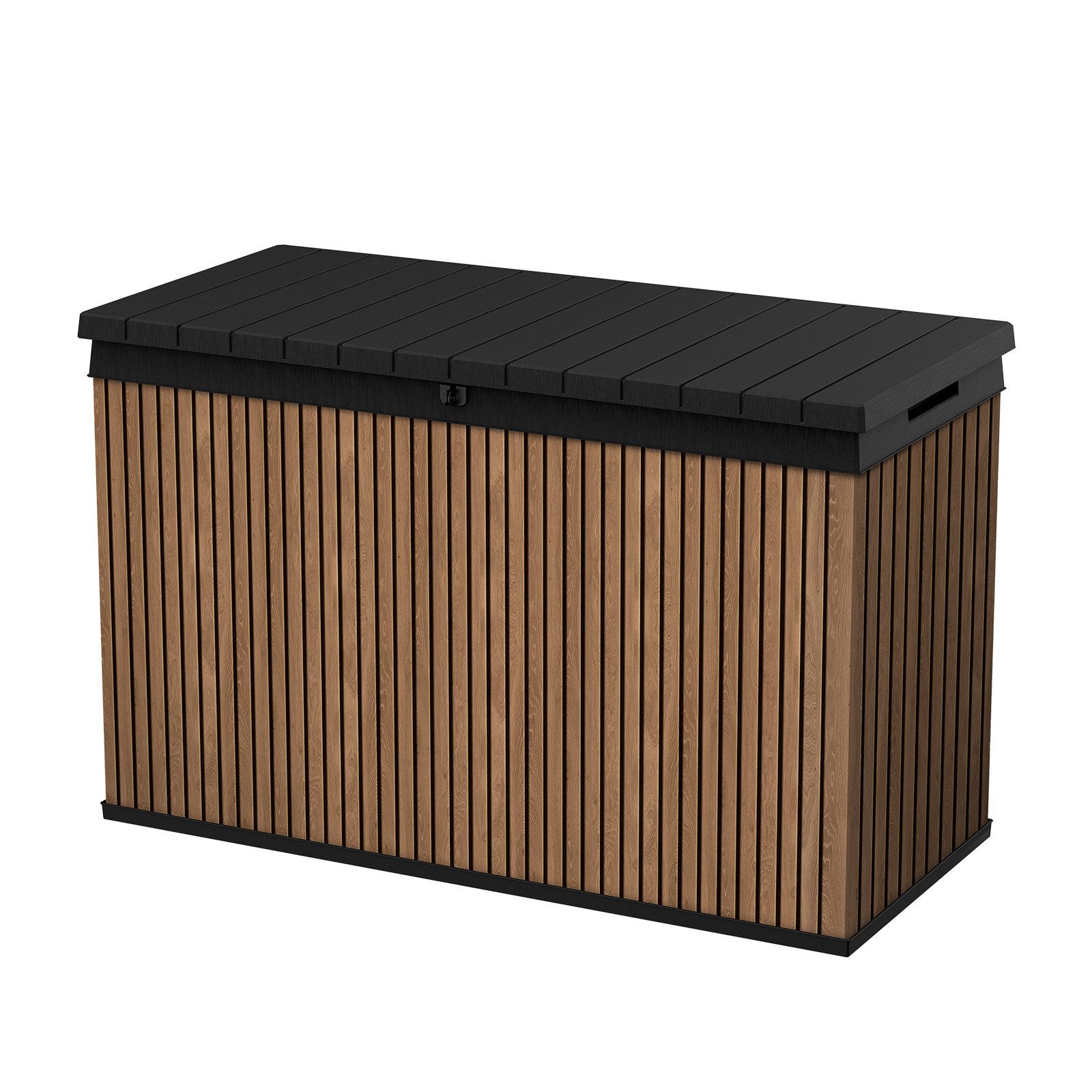 Keter Gartenbox Darwin Signature, 667 Liter, Braun, Deckel bis 300kg belastbar, Aufbewahrungsbox in moderner Lamellen-Holzoptik