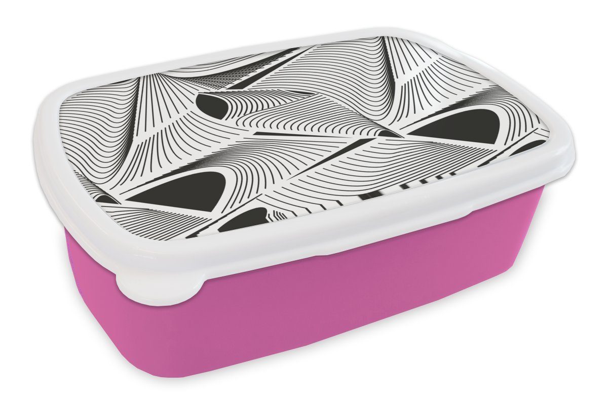 MuchoWow Lunchbox Muster - Abstrakt - Schwarz und Weiß, Kunststoff, (2-tlg), Brotbox für Erwachsene, Brotdose Kinder, Snackbox, Mädchen, Kunststoff rosa