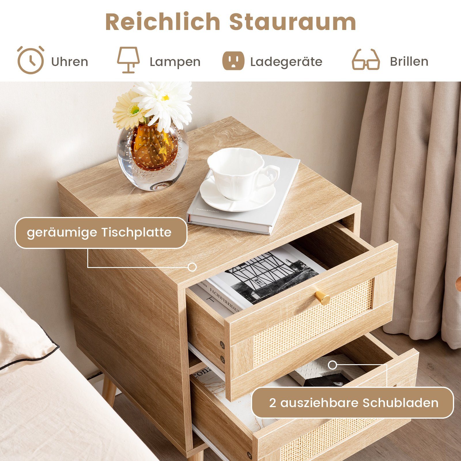 COSTWAY Nachttisch Beistelltisch (1-St), mit 2 Schubladen, 40 x 40 x 59 cm, Holz