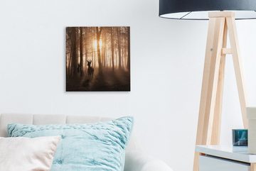 OneMillionCanvasses® Leinwandbild Wald - Hirsche - Sonne - Bäume - Winter - Natur - Tiere, (1 St), Leinwand Bilder für Wohnzimmer Schlafzimmer